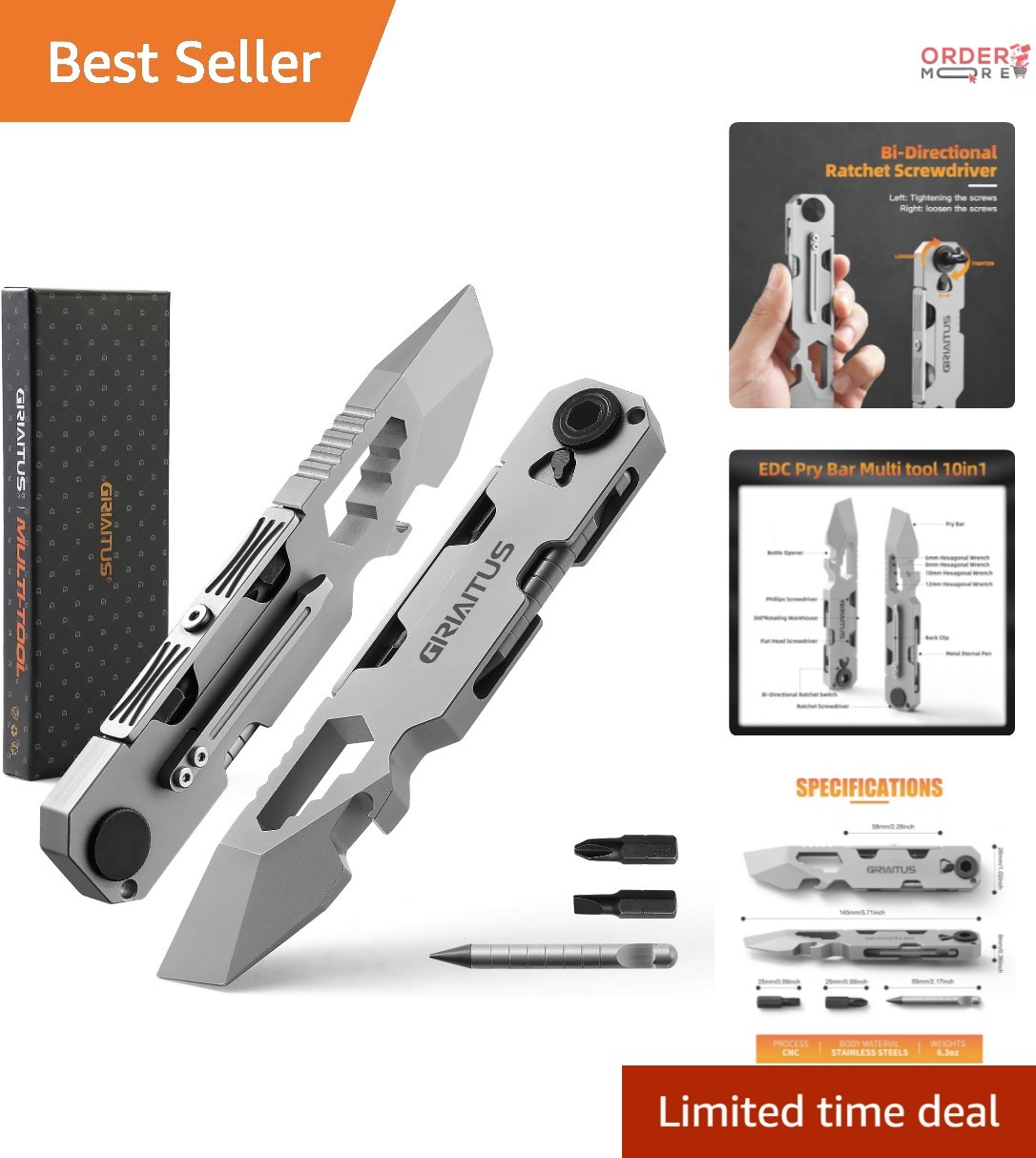 Multitool Pry Bar Stainless Steel 5.71in EDC Camping Wrench Bottle Opener