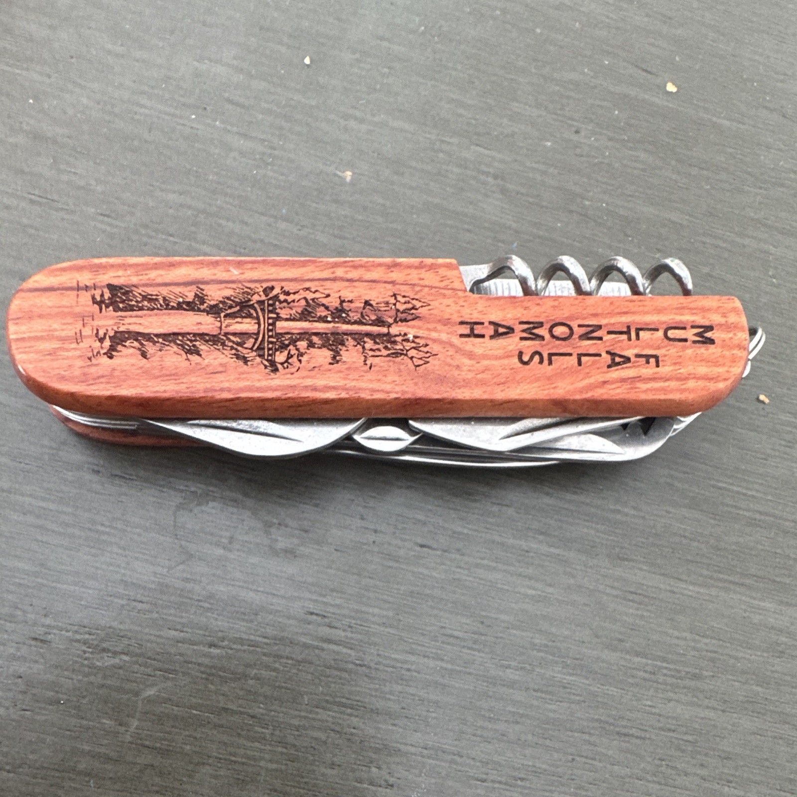 Wood Handle Multi-Tool Pocket Knife w/ Corkscrew, Keychain Ring Brown/Silver