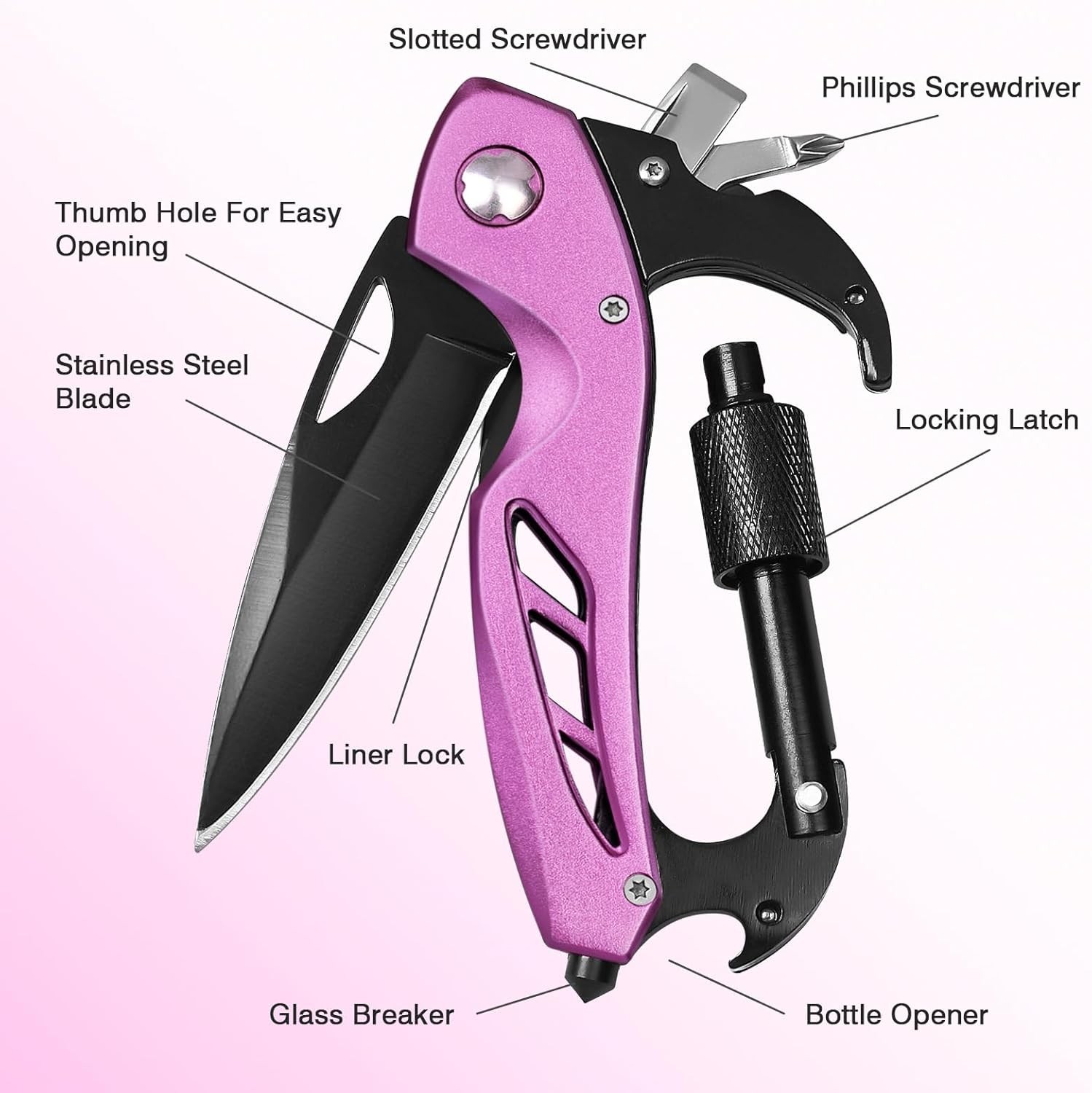 Pink Multitool Carabiner Knife Gifts for Mom Women Wife, 6-in-1 Keychain Mult…
