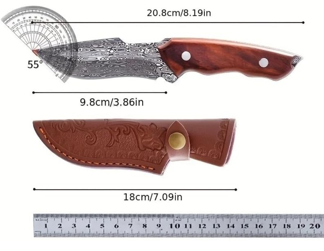 Damascus Pattern Brown Wood Knife 3.83″ Blade Stainless Steel w/ Scabbard