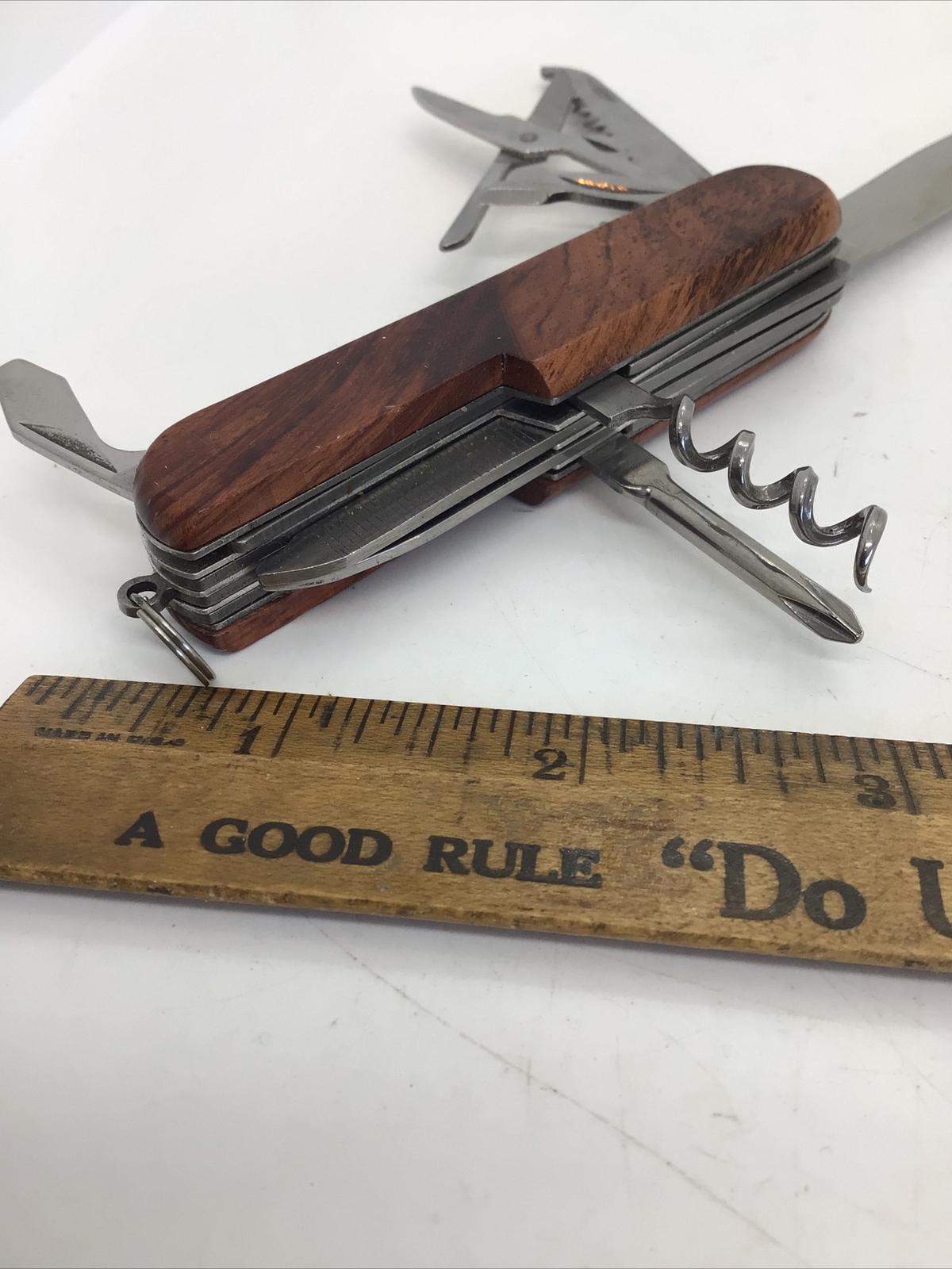 MULTI Function CAMPING TOOL KNIFE Swiss Army Style Wood Grain Engraved “WAYNE”