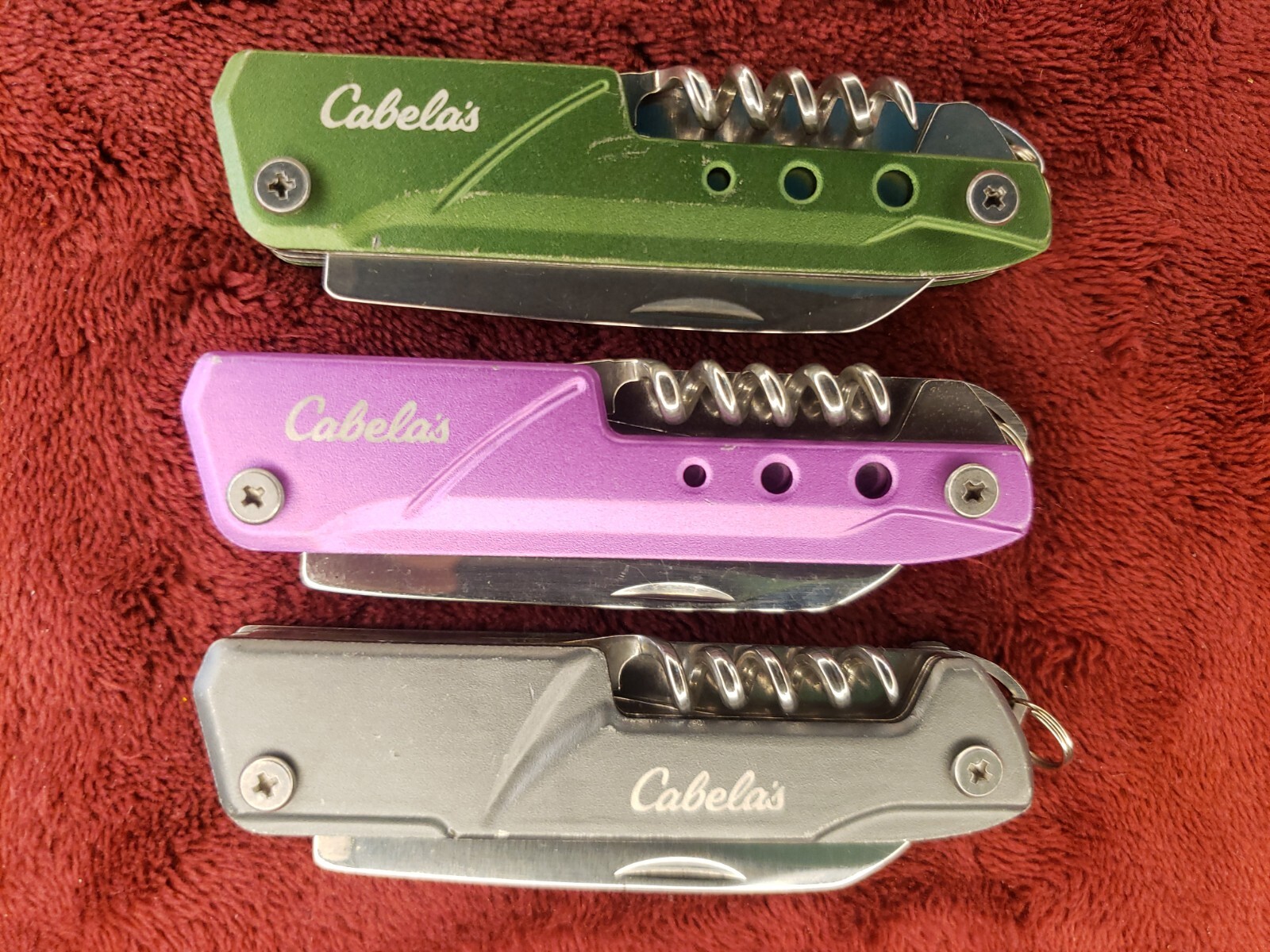 Lot 3 Cabela’s 8-In-1 Pocket Tool Green Purple Gray