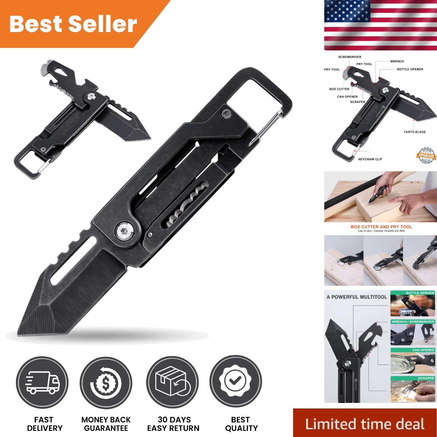 Everyday Carry Keychain Multitool – Sleek Black Knife with Multiple Functions