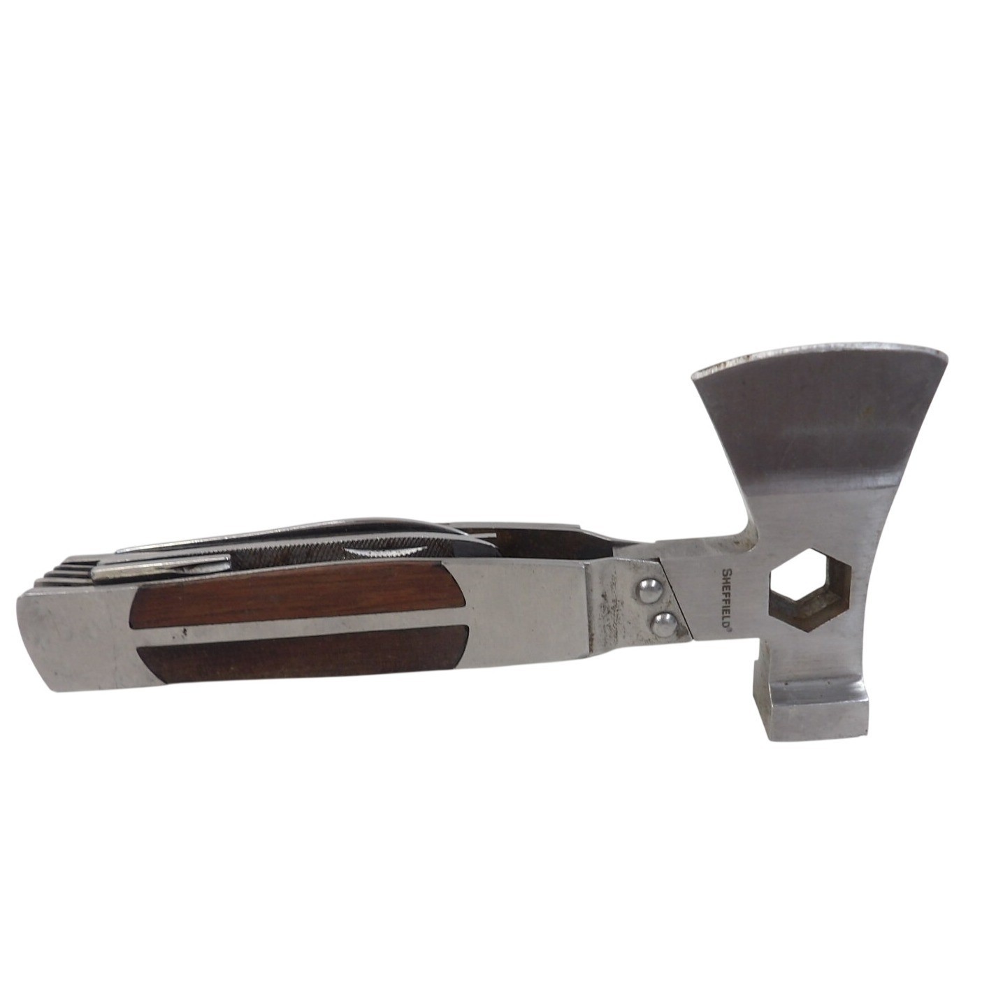 Sheffield Multi-Tool Axe Hammer Hex Wrench Wood Handle Folding Knife Saw File