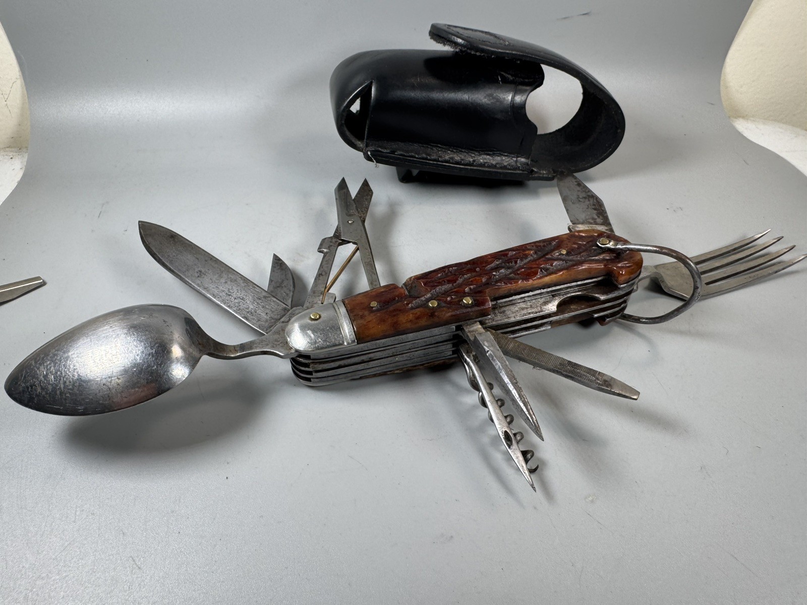 VTG Camping Multi Tool Europe Knife w Spoon Fork Scissors Corkscrew Leather Case