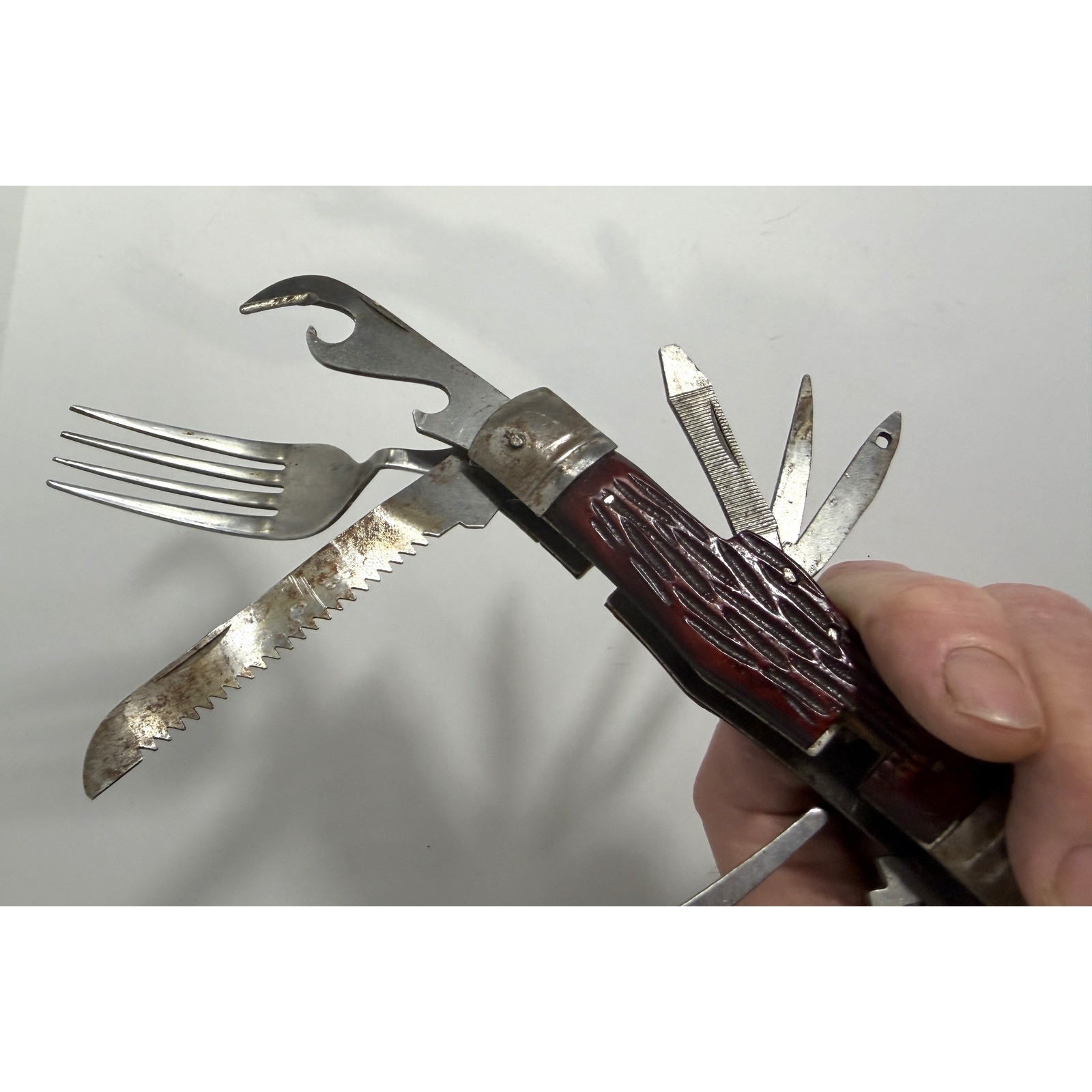 Vintage 10 Blade Multi-Tool Pocket Knife Utensil Set Fork Spoon Saw Blade – More