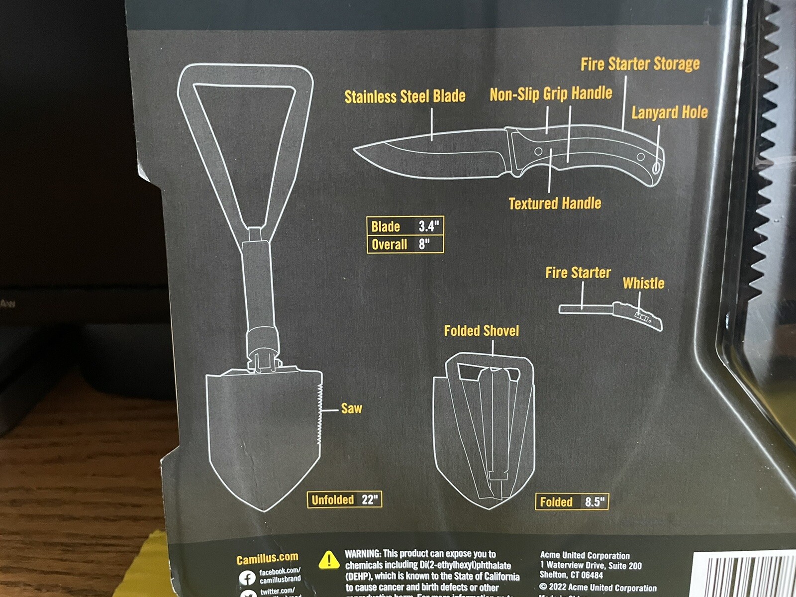 CAMILLUS QUEST PACK W/22” SHOVEL-8” KNIFE W/SHEATH-FIRE STARTER-WHISTLE NIP