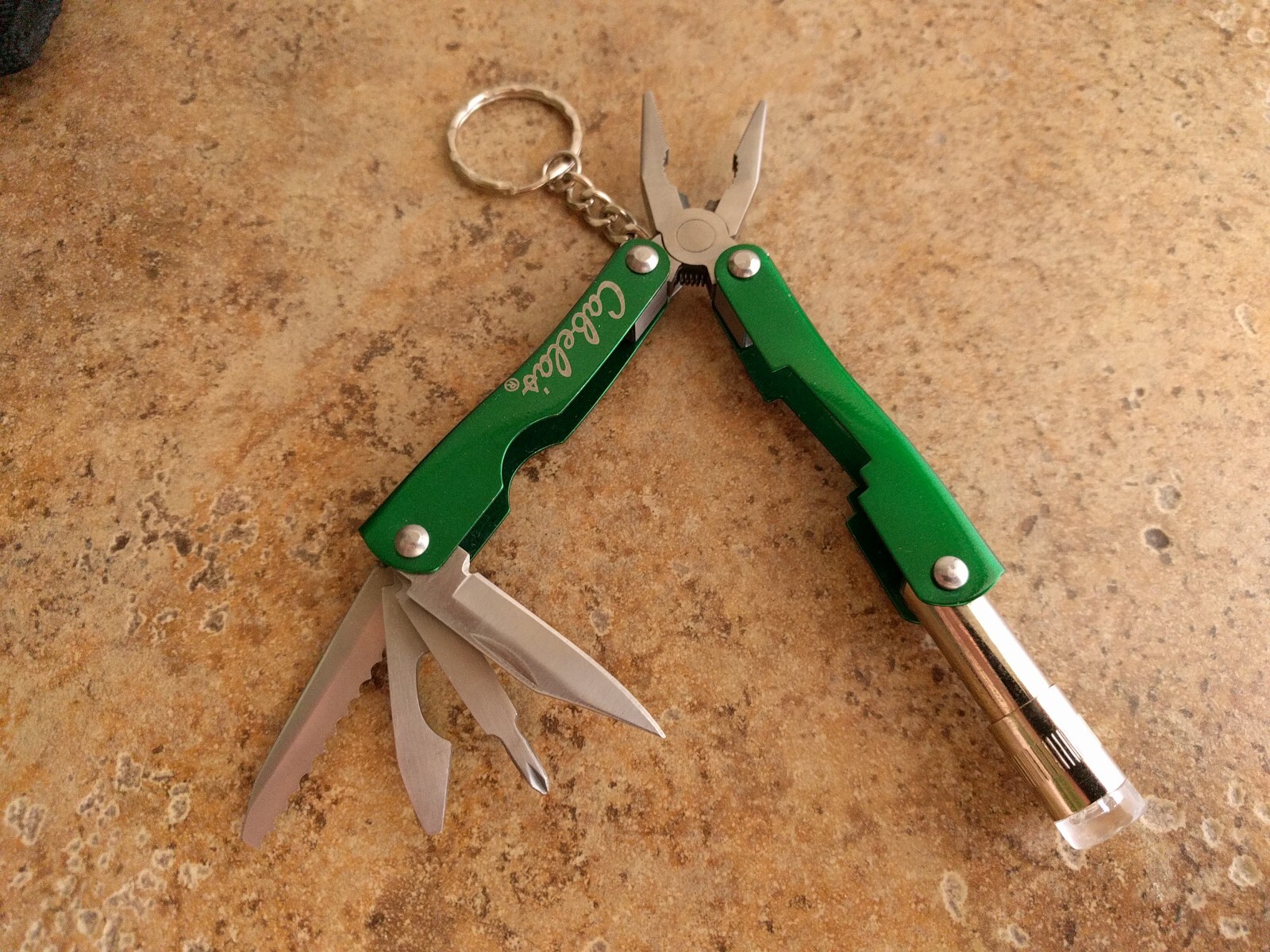 Cabelas Multi-Tool Flashlight Knife Can Opener Pliers Screwdriver Carry Pouch