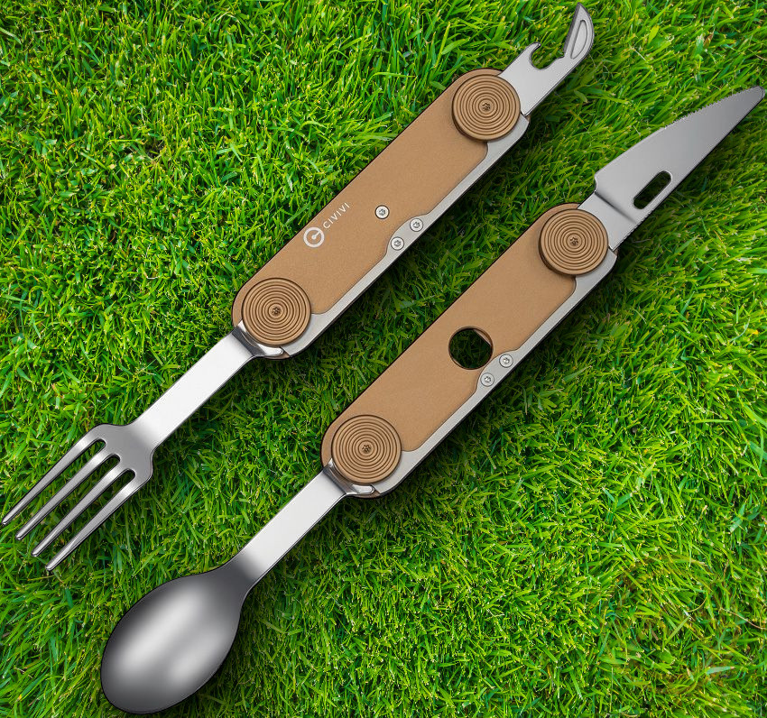 Civivi Partake Multitool Knife Fork Spoon Can Opener Brown Aluminum Handles