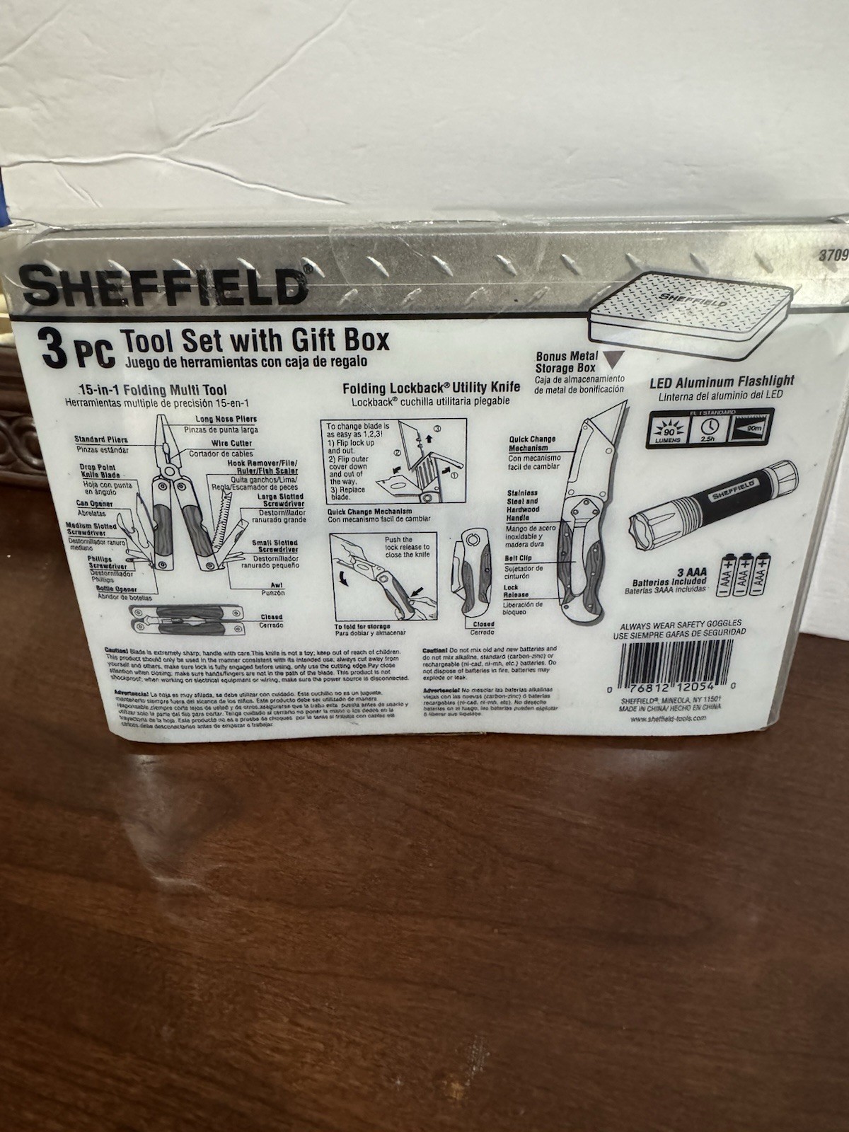 NEW Sheffield 3 Pc Tool Set With Tin Box Multi Tool Utility Knife Flashlight