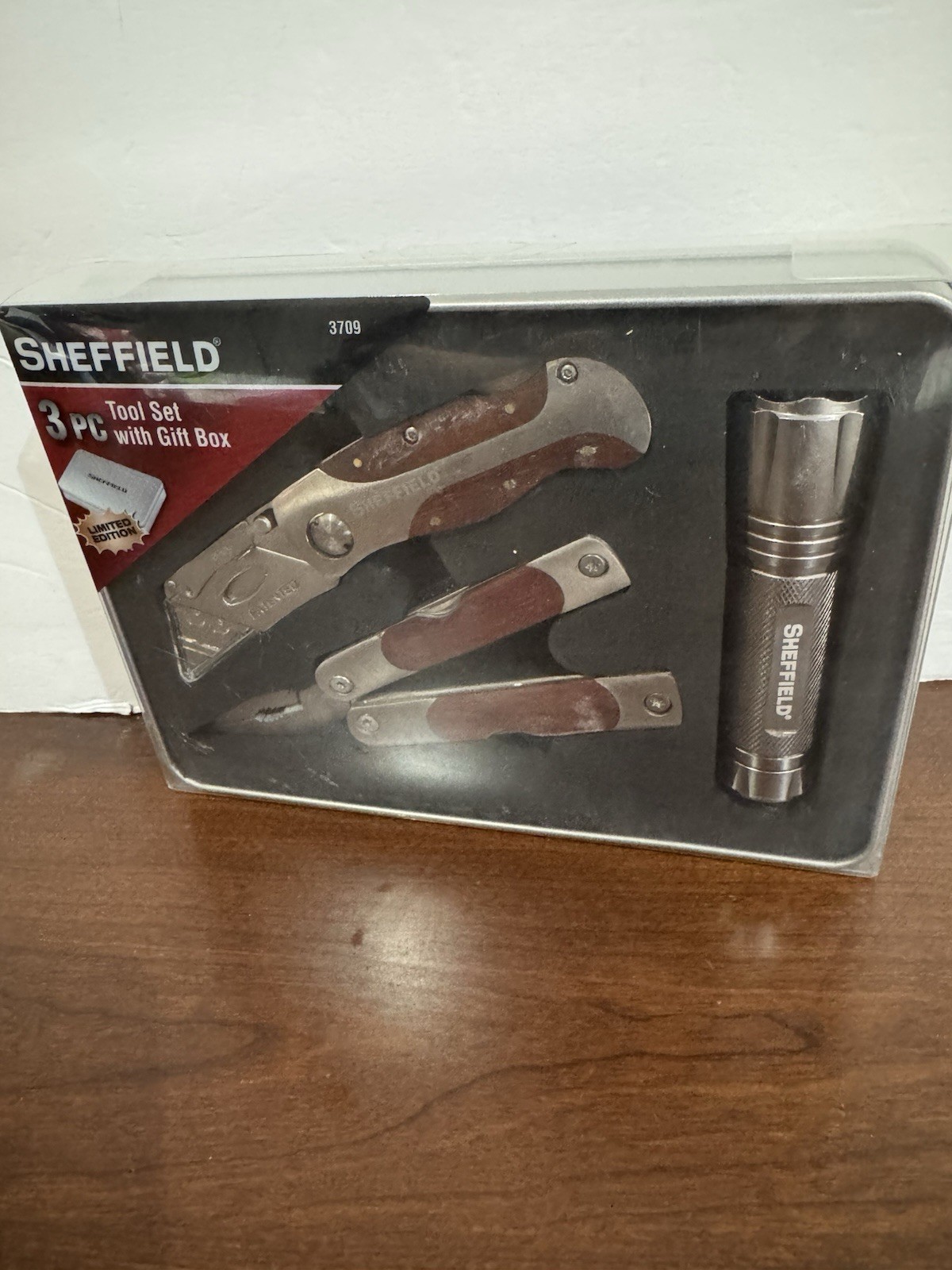 NEW Sheffield 3 Pc Tool Set With Tin Box Multi Tool Utility Knife Flashlight