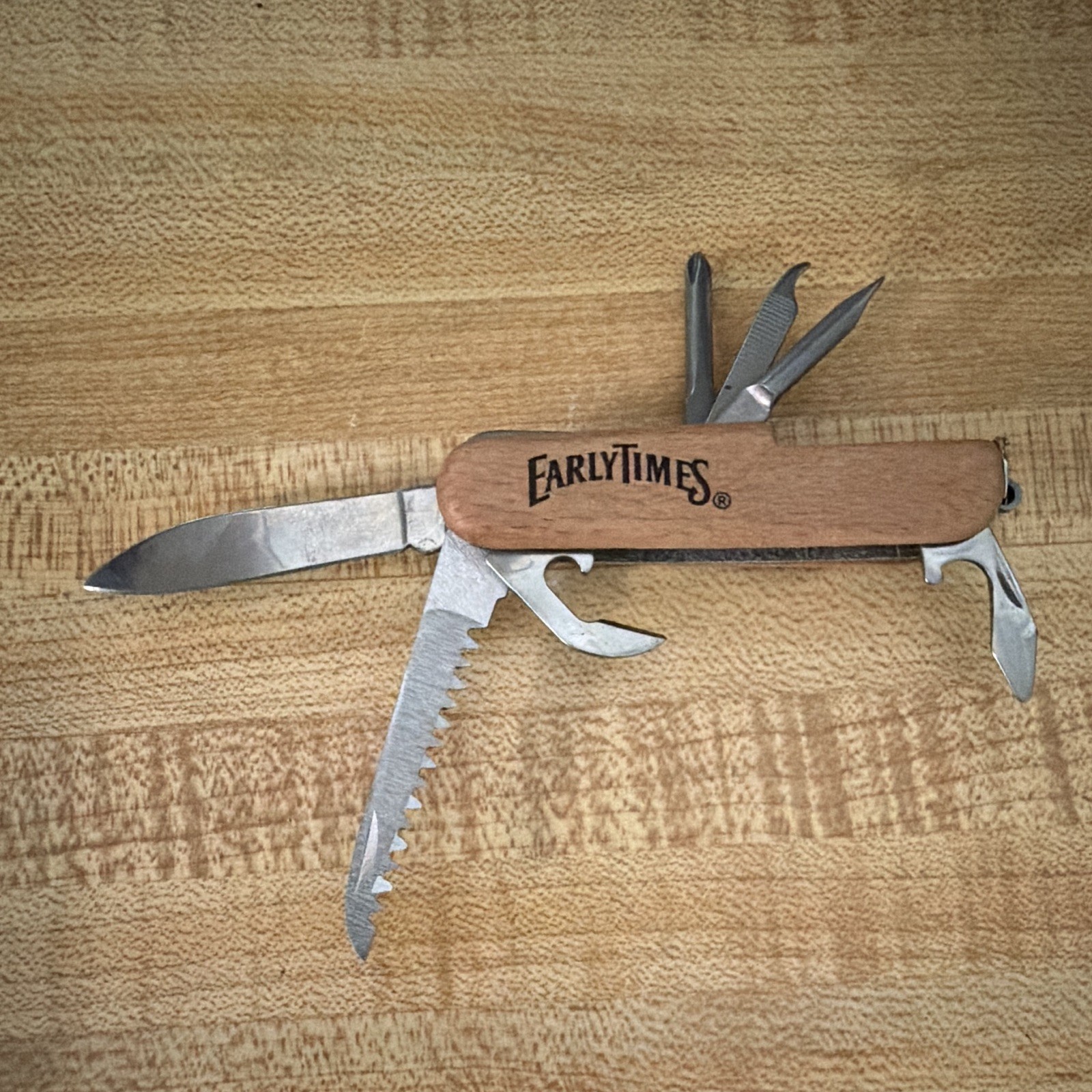 Early Times Wood Handle 7-in-1 Multi-Tool Pocket Knife 2.5in Blade Lanyard