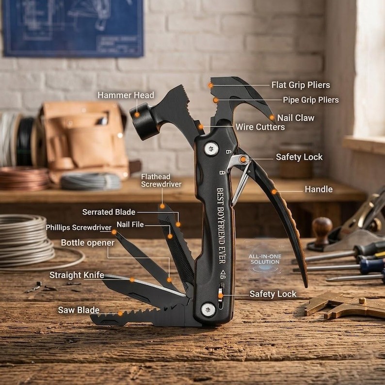 Personalized MULTITOOL HAMMER Pocket Knife Tool Groomsmen Birthday Gift for Him