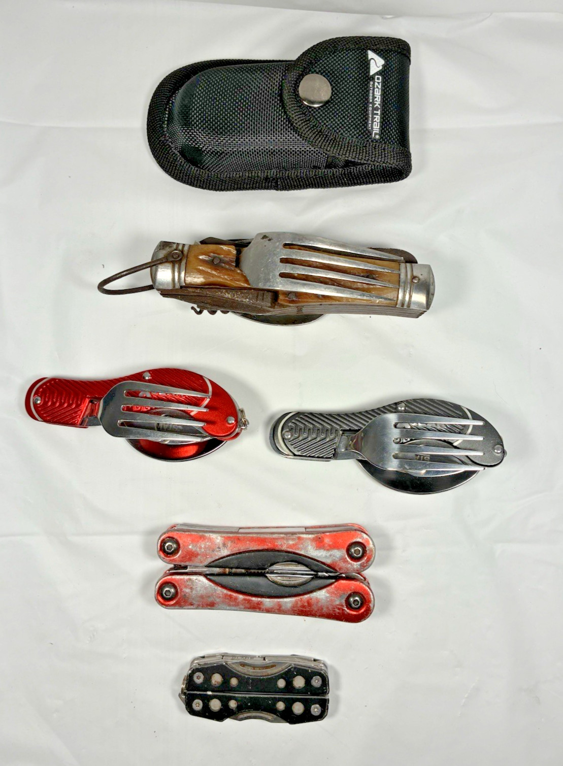 Lot of 6, Assorted Utility Folding Knives? Camping, Plyers, Fork, Spoon, Hobo?
