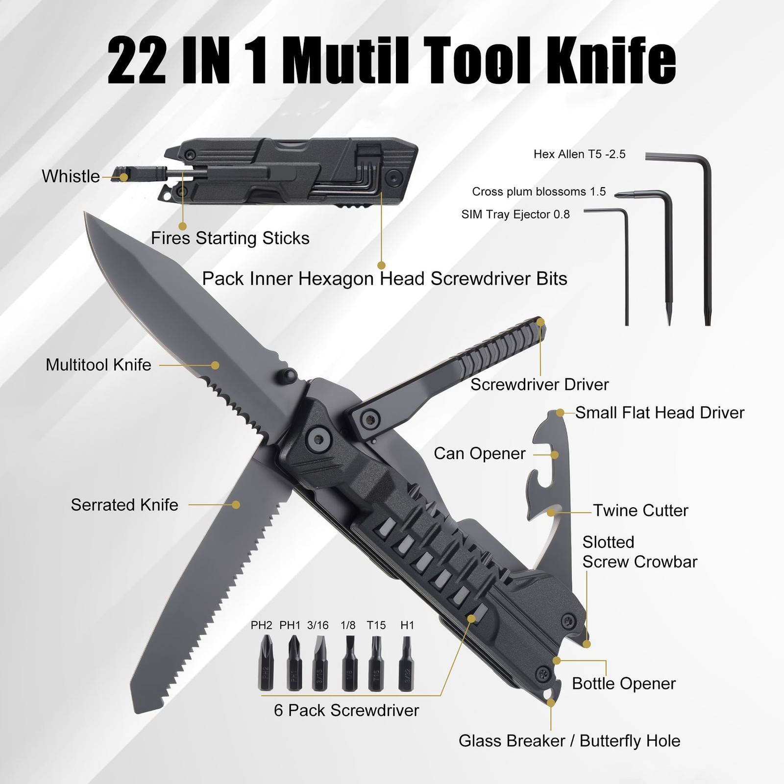Multitool Knife with Nylon Pouch, 22 in 1 EDC Multi Tools with Fire Starting …