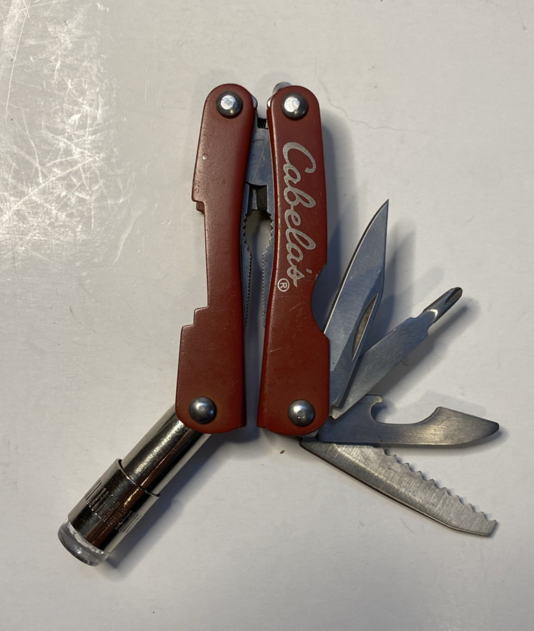 Cabela’s Red Mini Multi Tool Folding Pliers with LED Light(tested) No Sheath