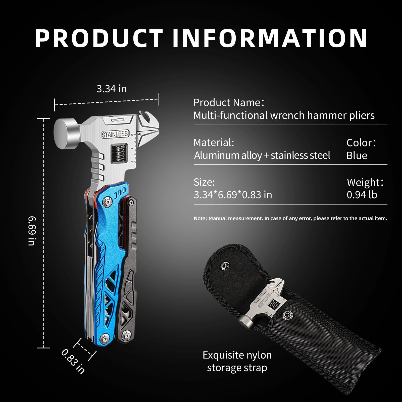 18-in-1 Multitool Hammer with Adjustable Wrench, Stainless Steel Multi Tool P…