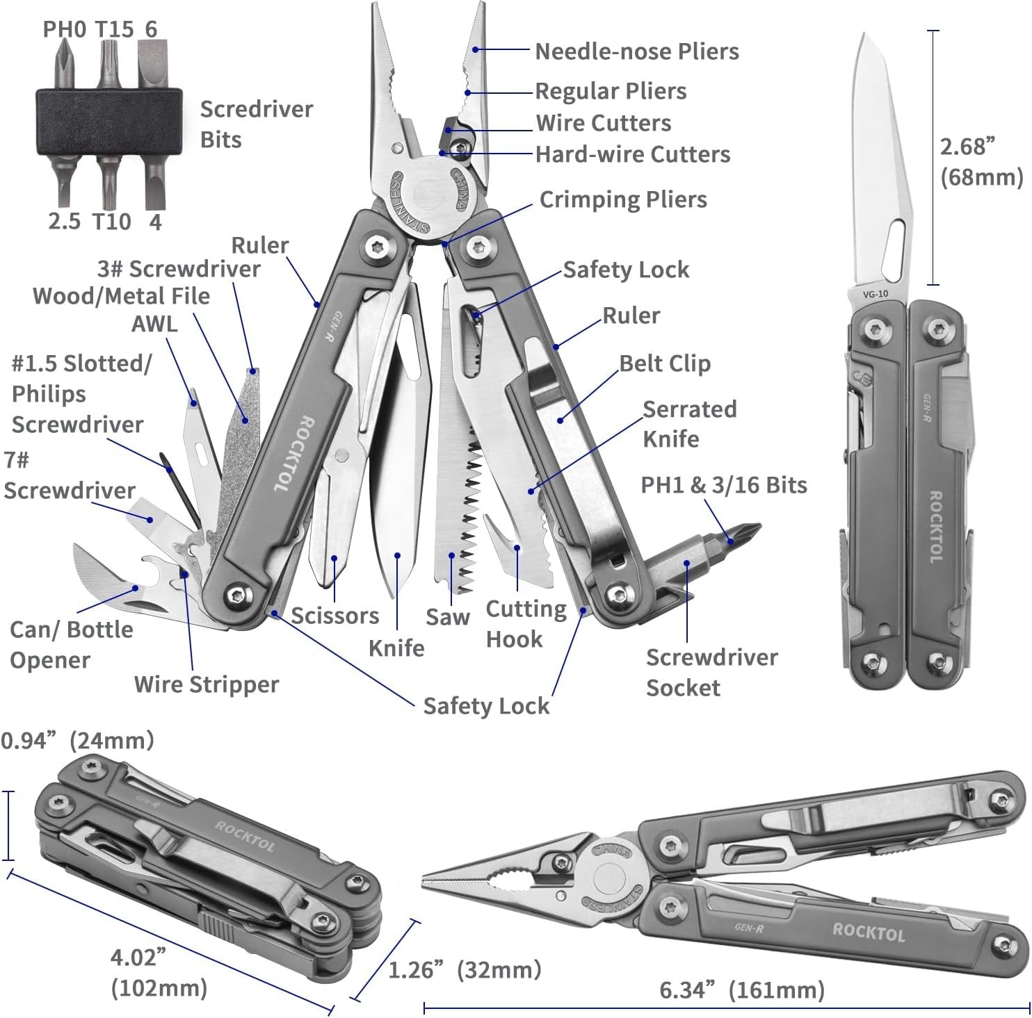 Multitool Pliers, EDC Multitool Pocket Knife VG10 Blade, 27-In-1 Multi-Tool with
