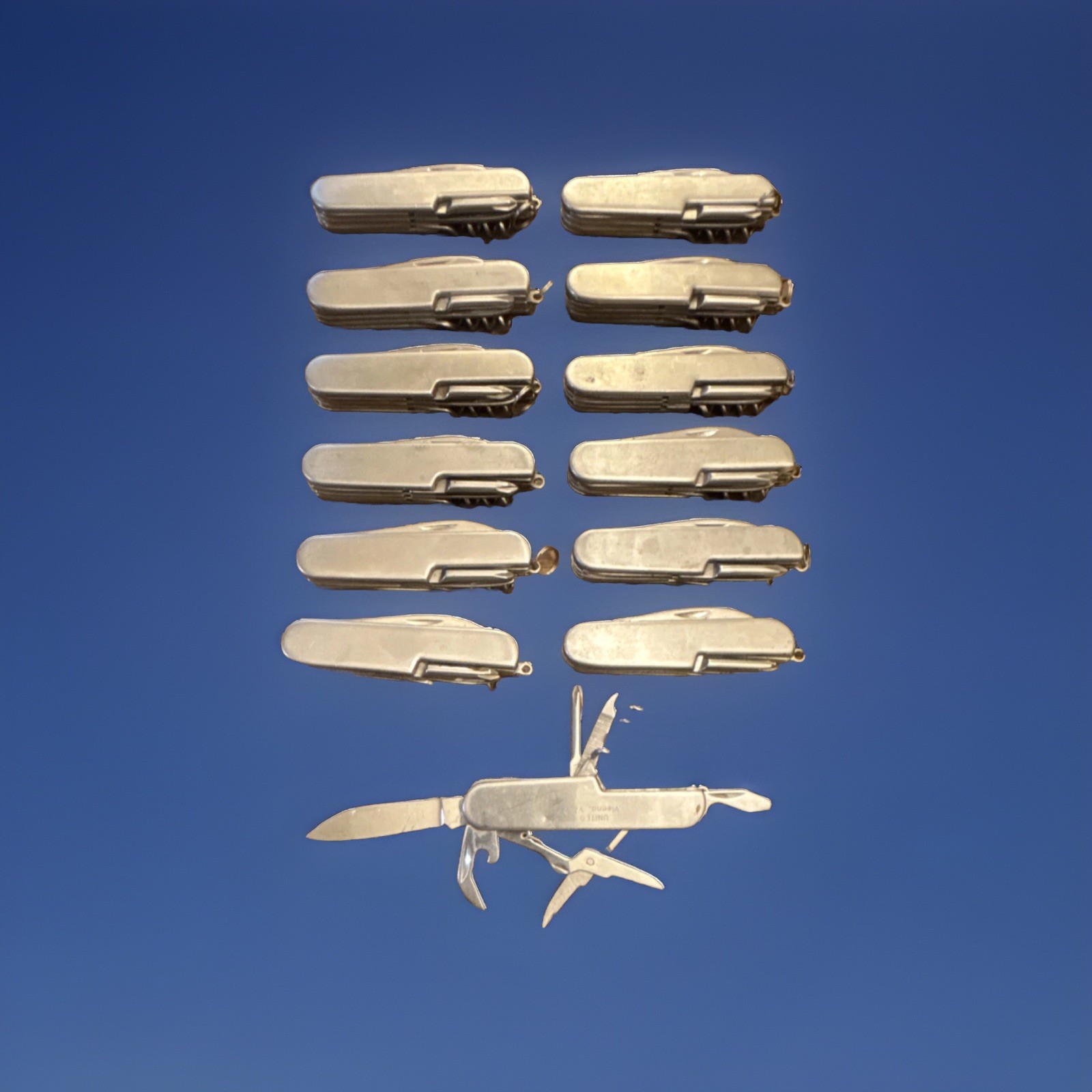 Silver Stainless Steel Multi-Tool Lot of 13, Knife, Scissors, Corkscrew, Opener