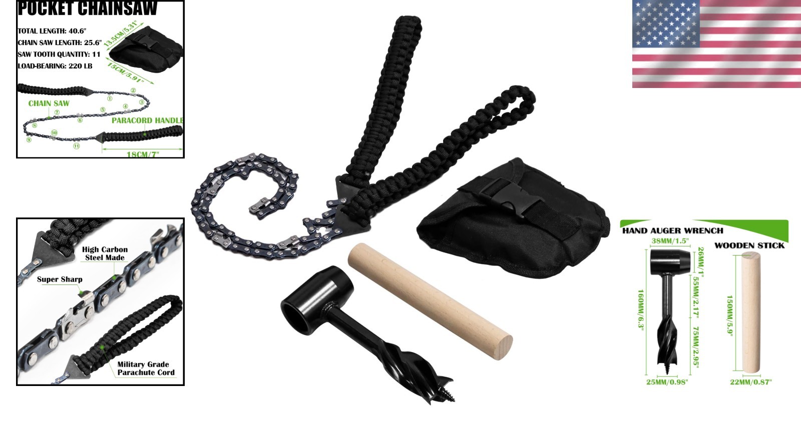 Versatile Pocket Chainsaw & Hand Auger – Perfect for Hiking & Bushcrafting