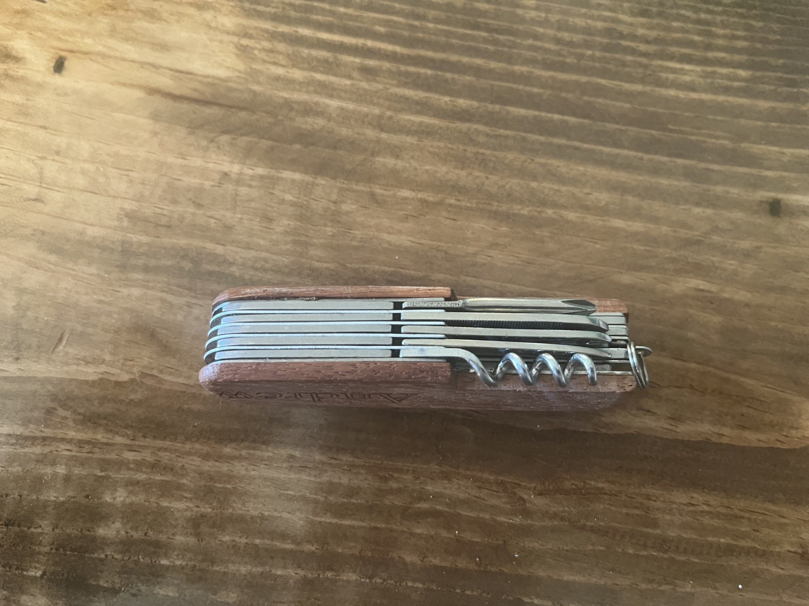 MULTI Function CAMPING TOOL KNIFE Swiss Army Style Wood Grain Engraved “ANDREW”