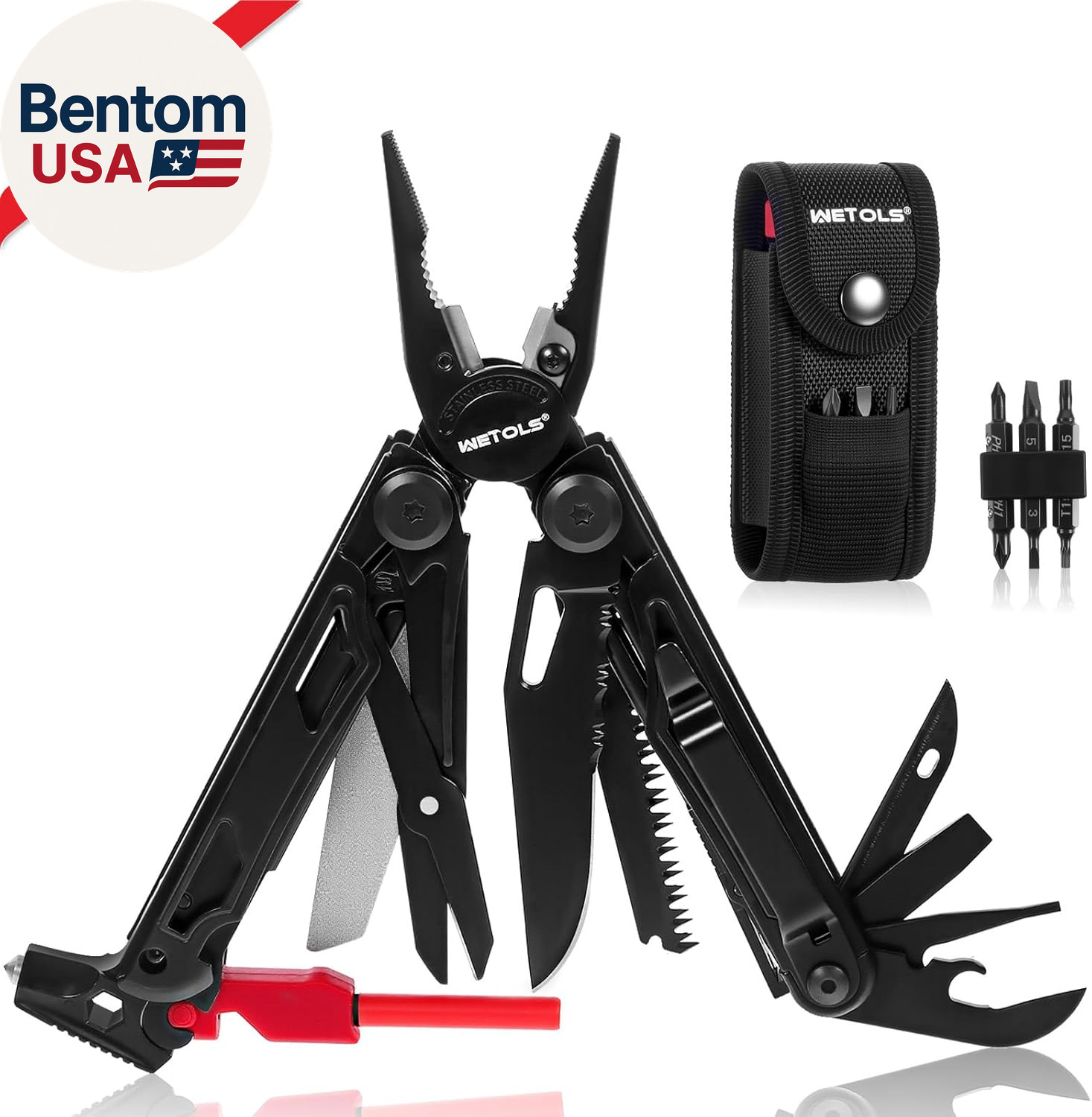 Multitool with Pocket Knife, 27-In-1 Stainless Steel Needle Nose Pliers with Scr