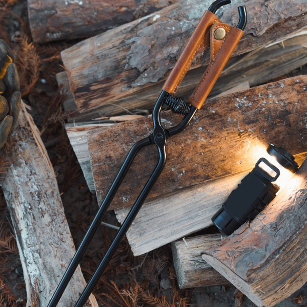 High Strength Fire Tongs for Campsite Cooking with Leather Wrapped Handle