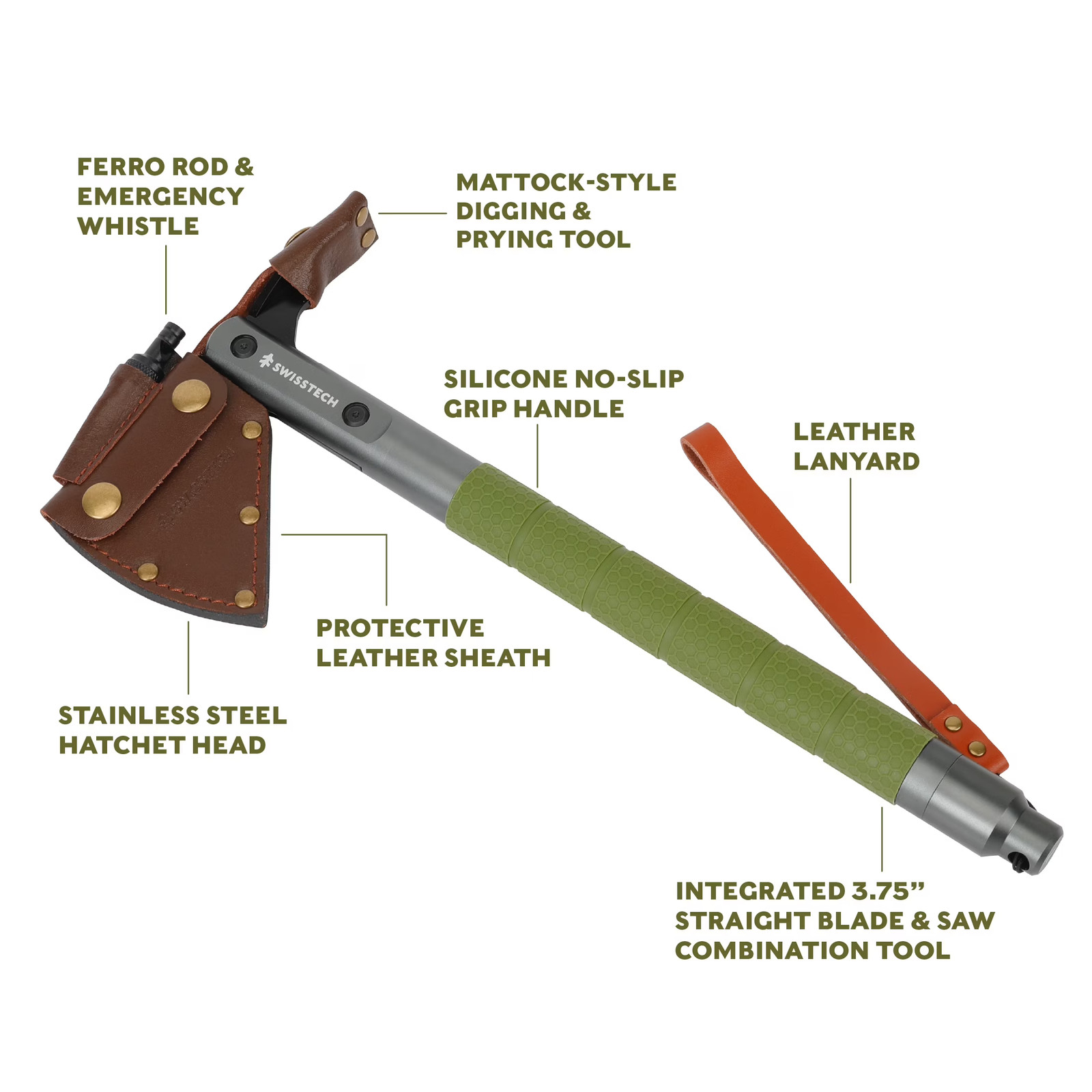 Swiss Tech Green Multi Tool Hatchet With Pocket Knife Non Slip Grip