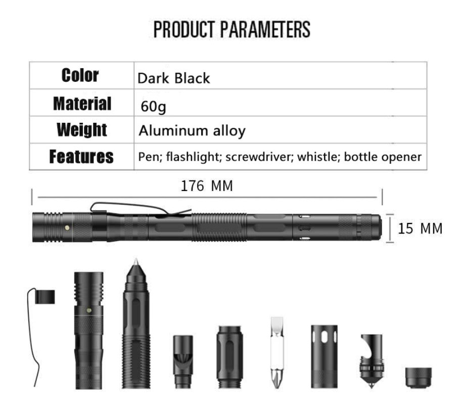 Self Defense Pen Tactical Pen Torch Whistle Glass Breaker Screw Driver Aluminum
