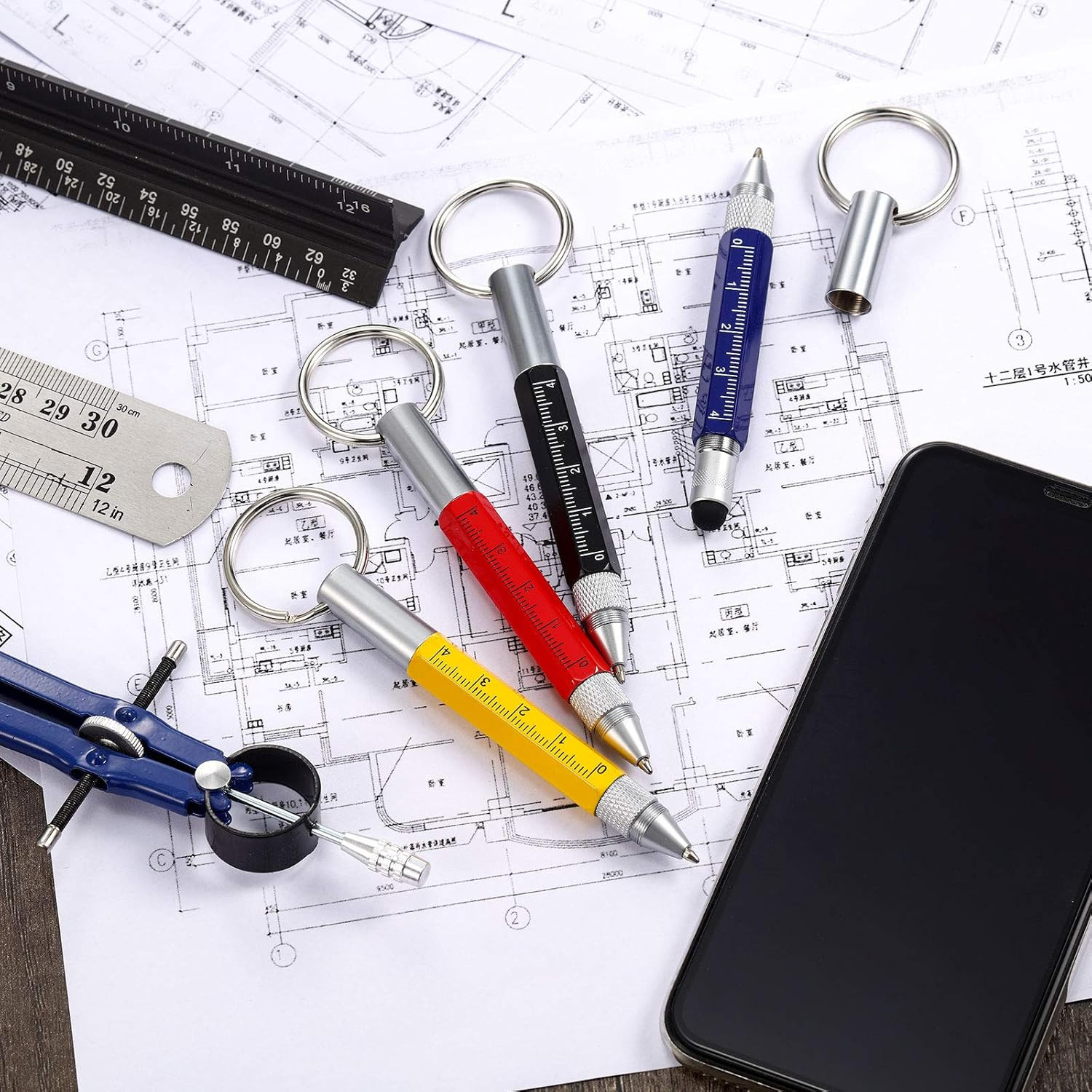 4 Pieces 6 in 1 Multitool Tech Tool Pen Key Ring Screwdriver Pen with Ruler, Two