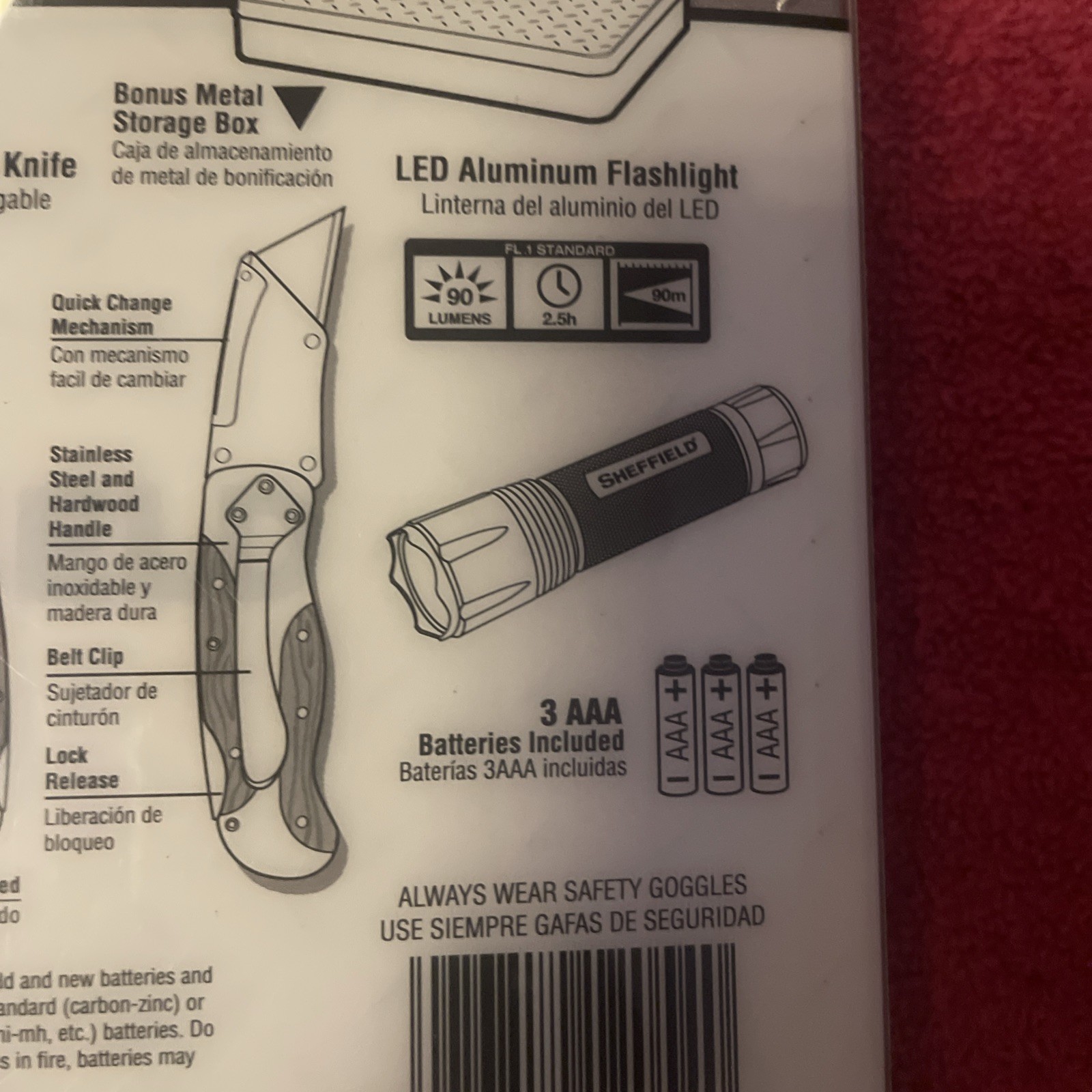 NEW Sheffield 3 Pc Tool Set With Tin Box Multi Tool Utility Knife Flashlight