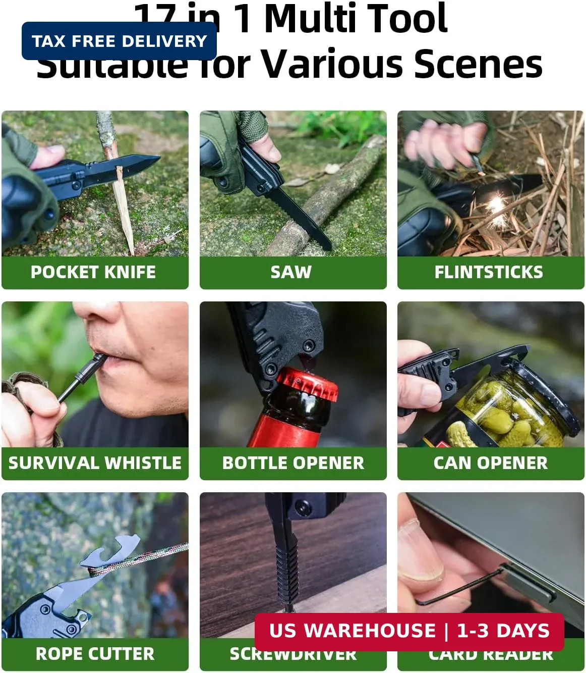 Multitool Knife 17 in 1Fire Starting Sticks, Bottle Opener, Saw Screwdrivers Bot