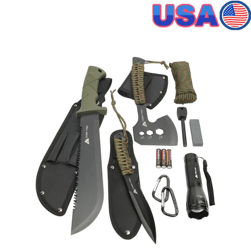 12 Pack Camping Tool Set with LED Aluminum Flashlight Machete Knife Outdoor New