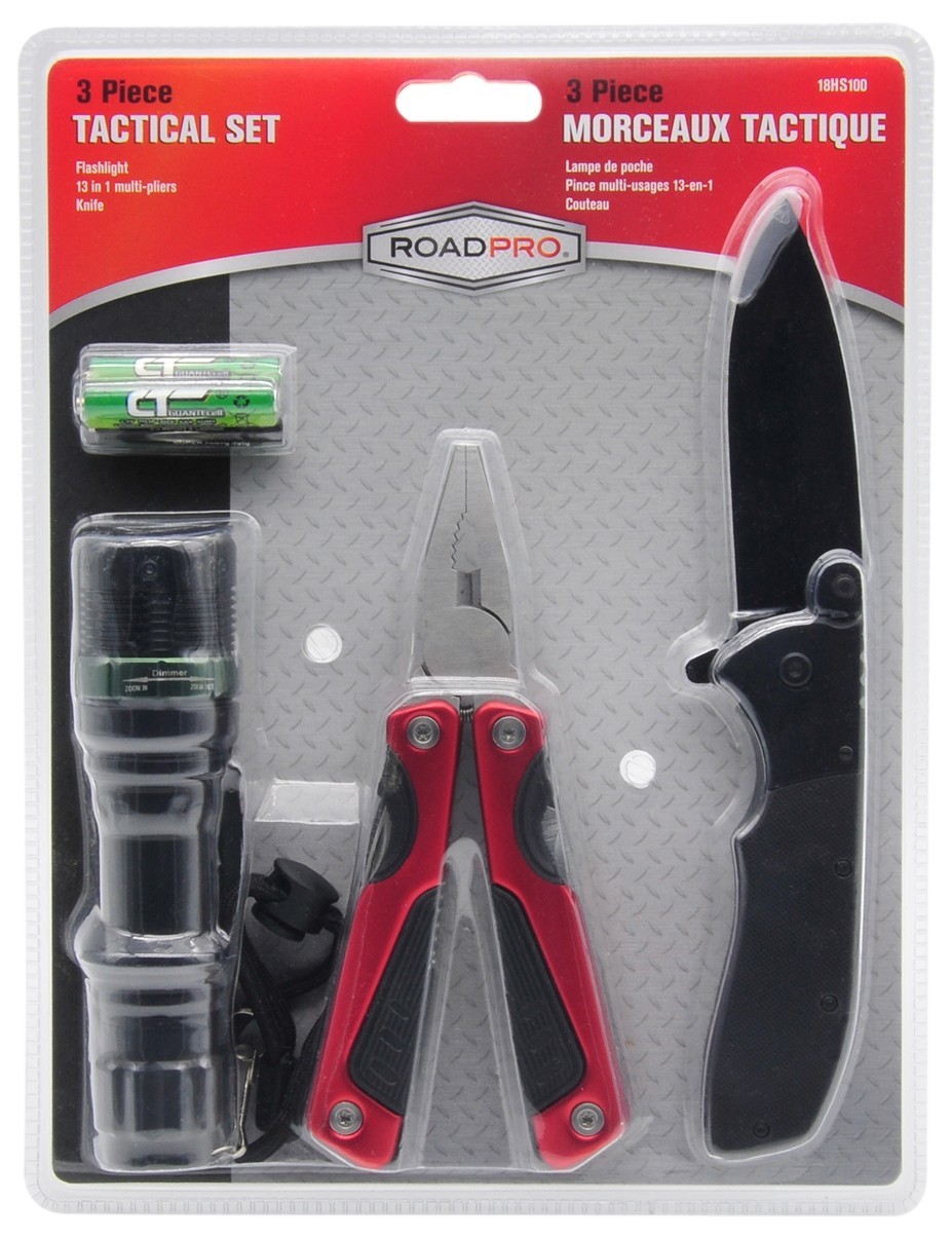 RoadPro 18HS100 3 Piece Tactical Set LED Flashlight 13-in-1 Multi-Pliers Knife