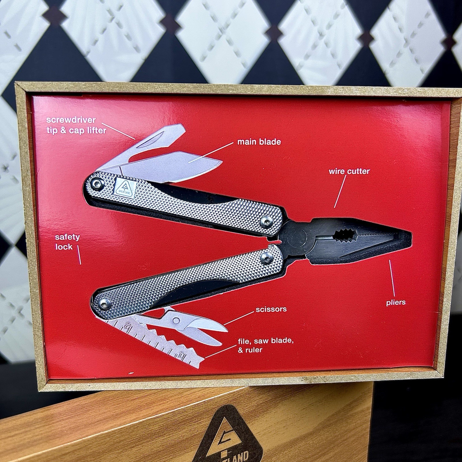 Multi Tool Stainless Steel Pliers Knife Set New in Faux Wood Box Greatland