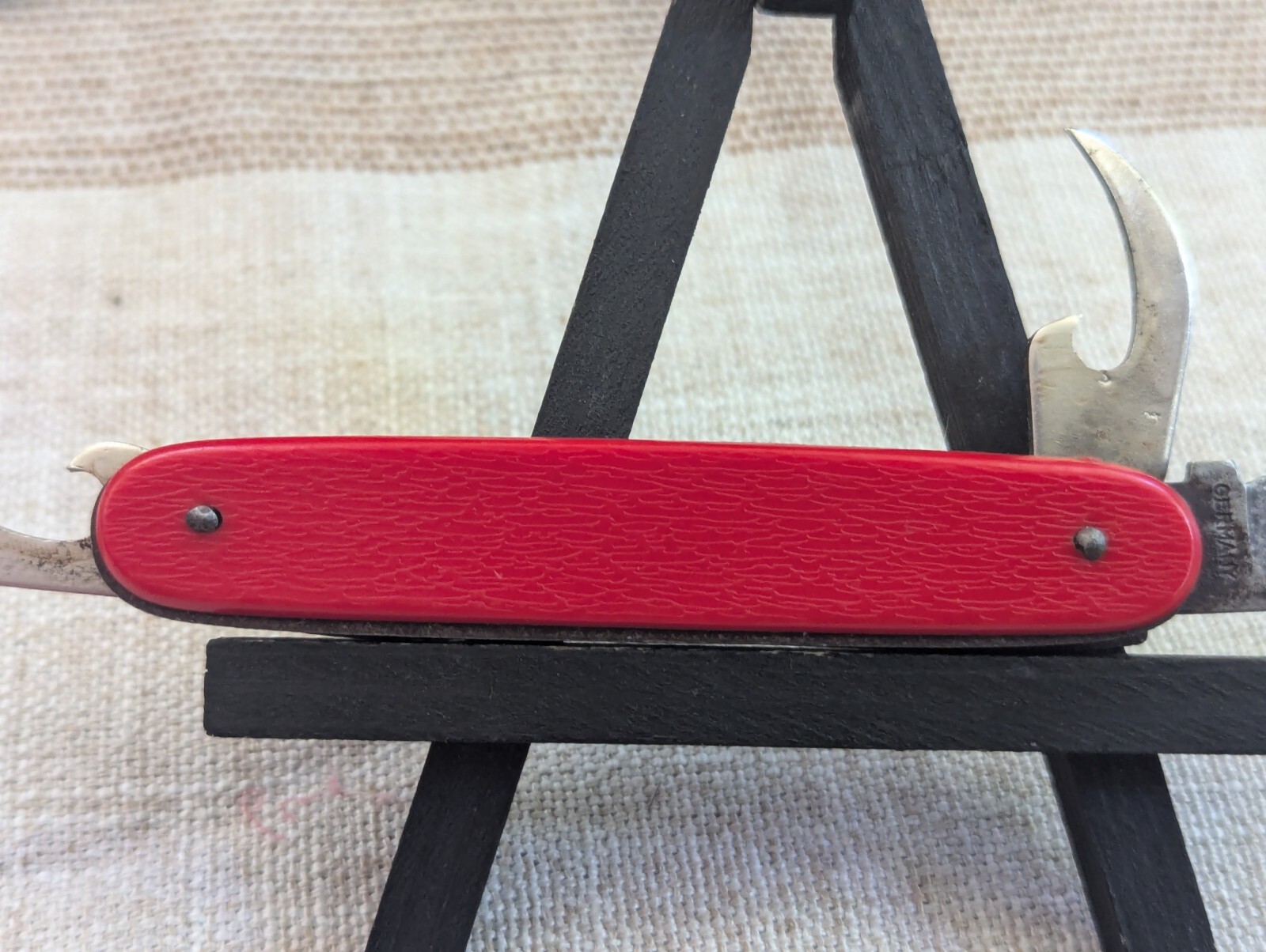 Vintage German 3-Tool Multitool Pocket Knife Carbon Steel Red 3.5″ Plastic Scale