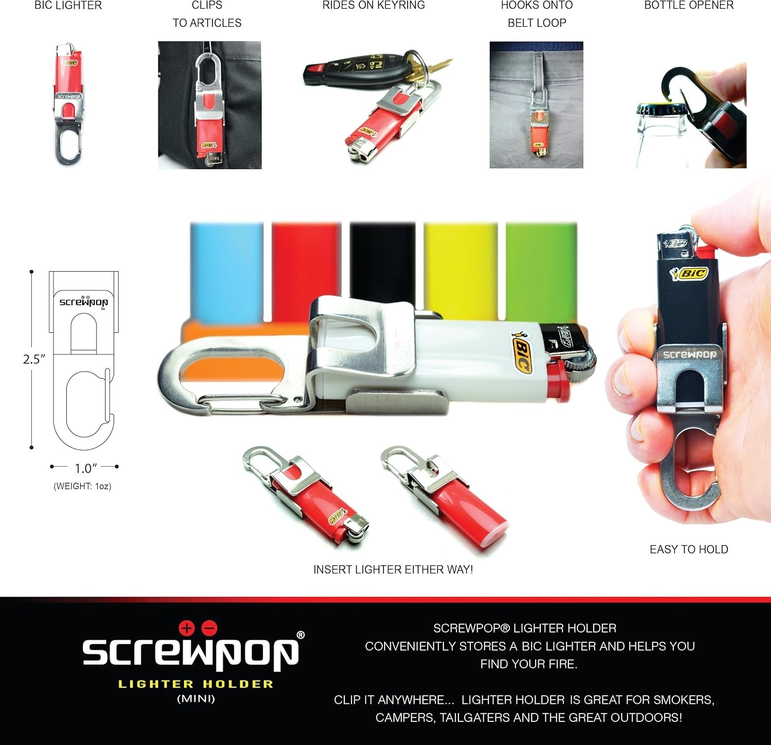 Screwpop BIC Lighter Holder Keychain Multi-Tool Bottle Opener Carabiner EDC