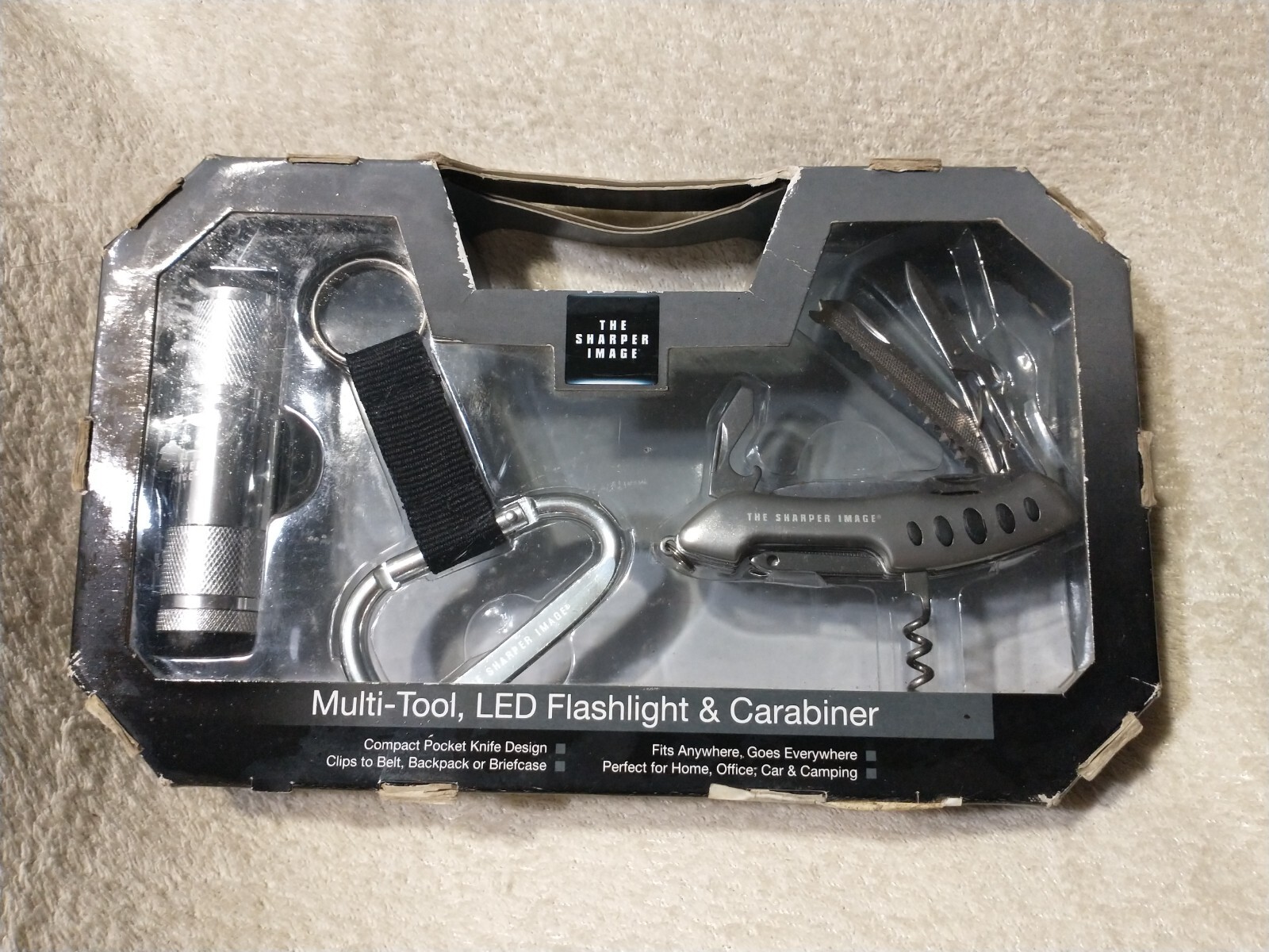 Sharper Image Multi Tool, LED Flashlight & Carabiner Gift Set Opened Package 47