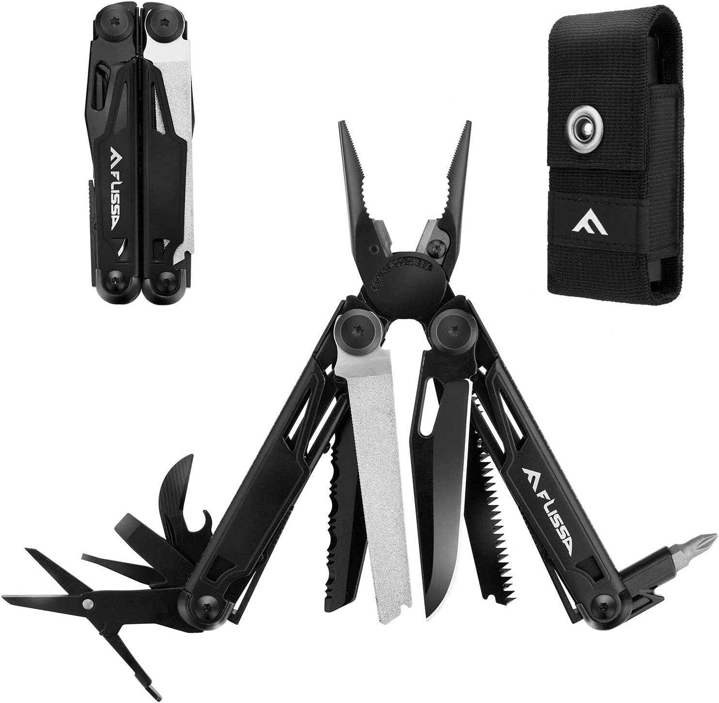 Black/Sliver Multitool 16-in-1 Multitool Plier Folding Pocket Tool Pw/Sheath NEW