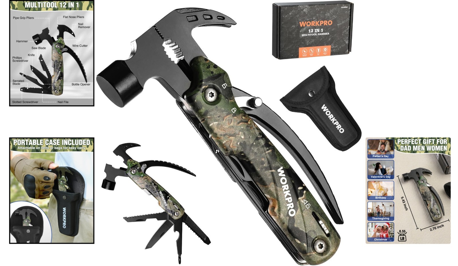 All-in-One 12-in-1 Multitool with Safety Lock & Nylon Pouch – Camouflage Design