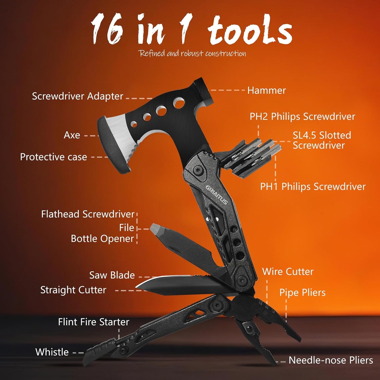 Camping Multitool Accessories Gifts for Men Dad 16 in 1 Upgraded Multi Black