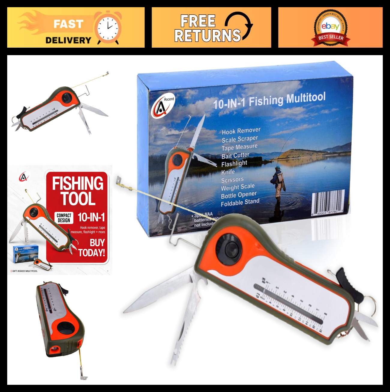 Fishing Multitool Gift – Hook Remover, Scale Scraper, Bait Cutter, Flashlight, K