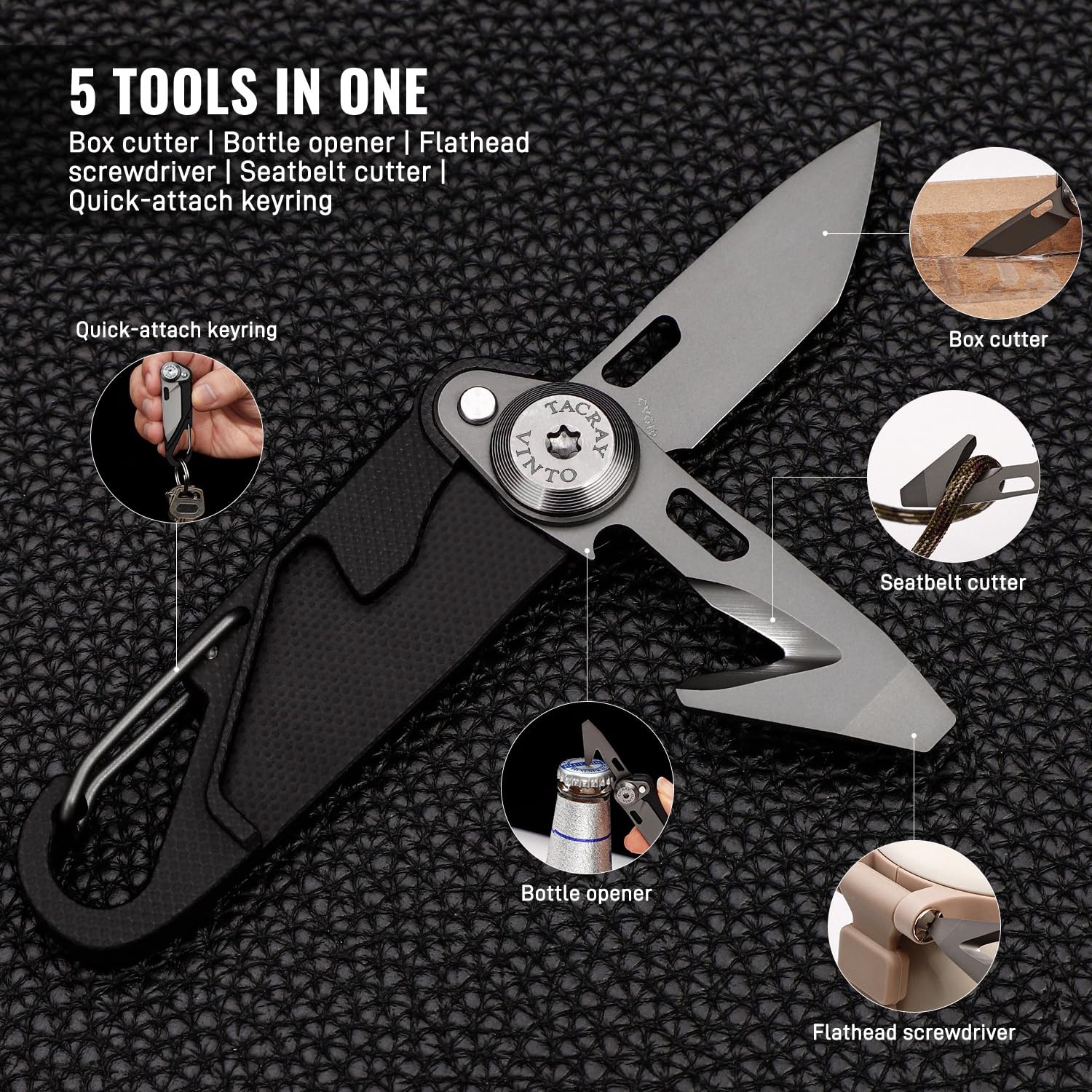 5-in-1 Compact Pocket Knife Multitool – Utility Knife, Seatbelt Cutter, Bottle O