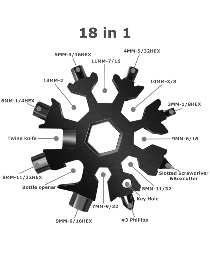 Black 18-in-1 Snowflake Multi-Tool Carbon Steel Multitool Screwdriver Opener