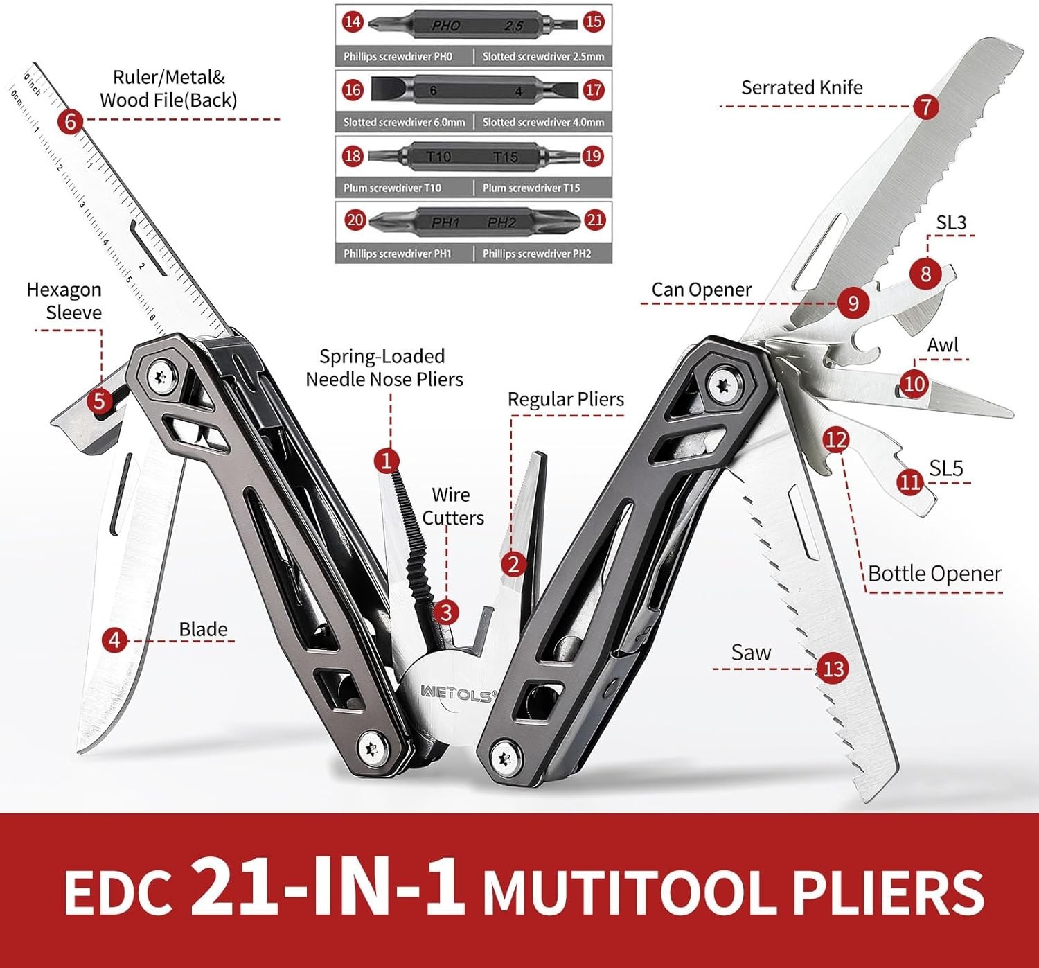 21 Tools in One: Durable Stainless Steel Multitool with Safety Features & Sheath