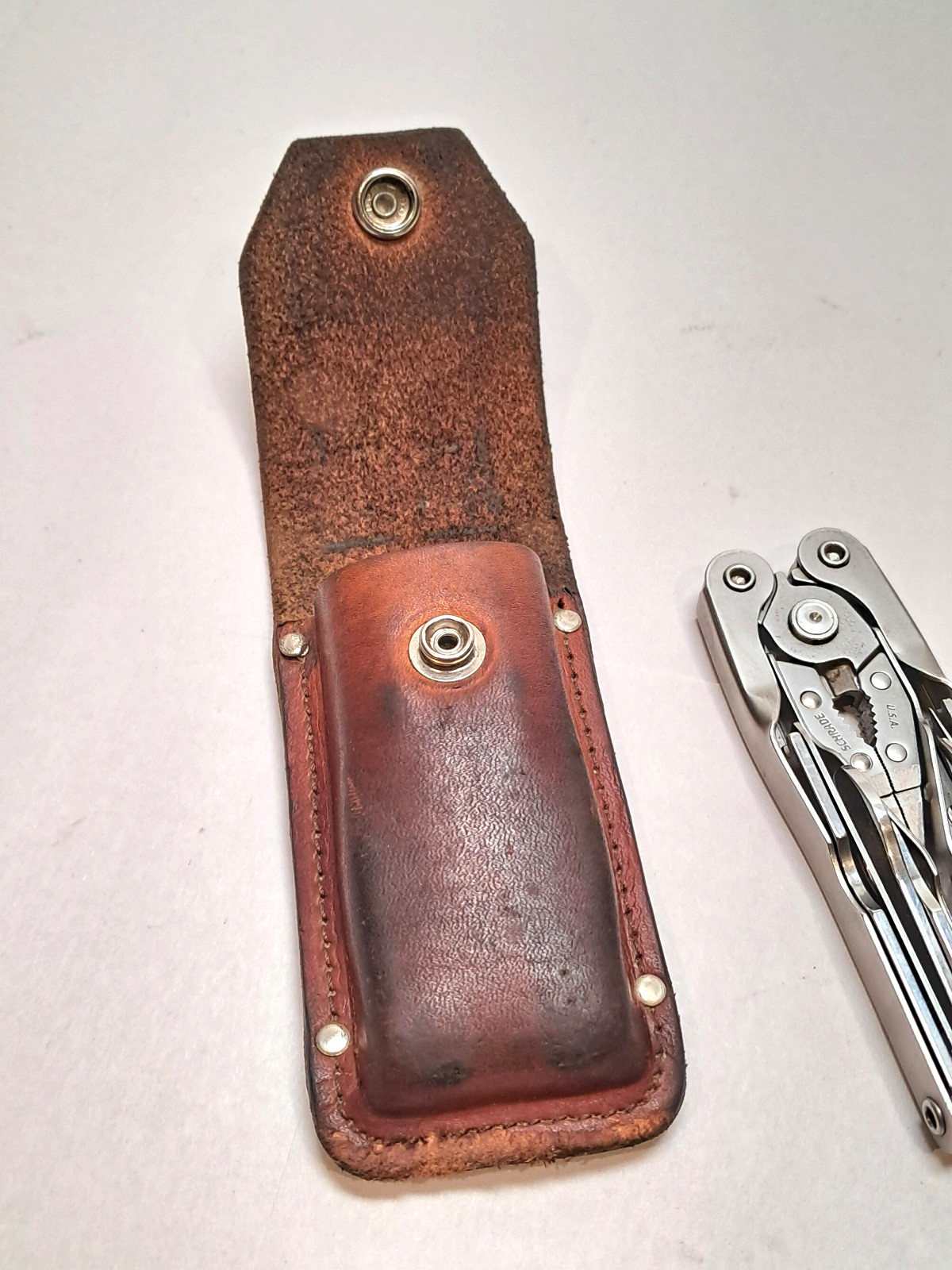 Vtg Schrade Tough Tool Multitool Made In USA w/ Leather Sheath