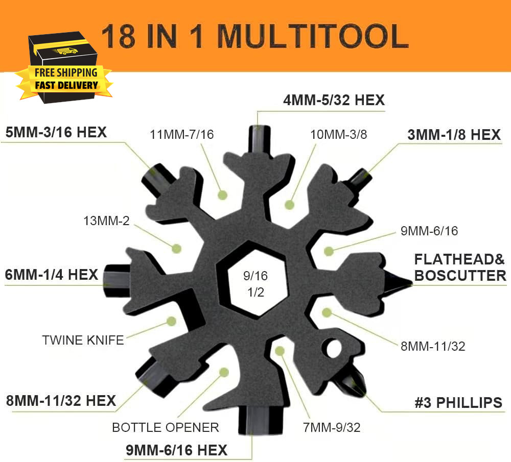 18-In-1 Snowflake Multi Tool, Stocking Stuffers for Men, Cool Camping Tool Gadge