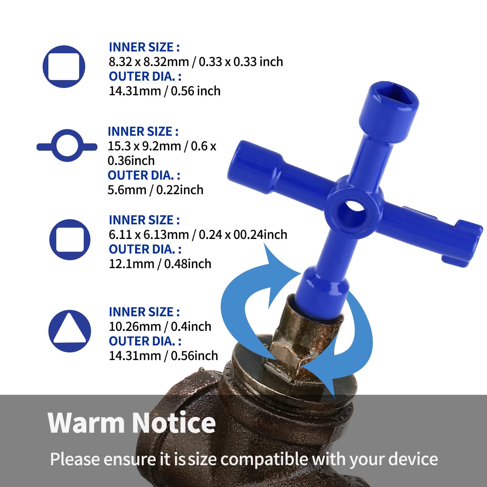3 Pack 4-Way Utilities Key, Zinc Alloy, Triangle/Square Wrench, Water, Gas, Blue