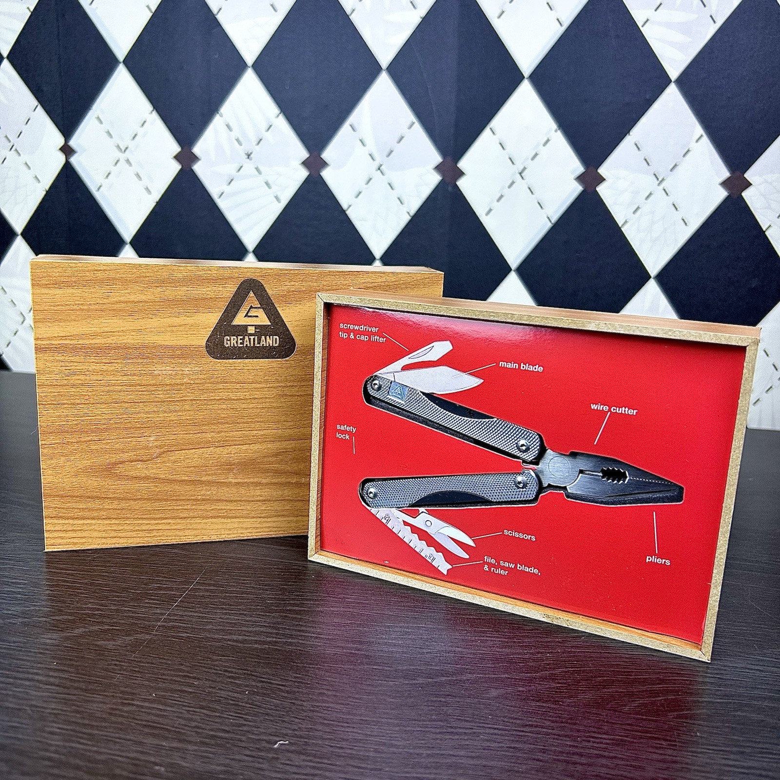 Multi Tool Stainless Steel Pliers Knife Set New in Faux Wood Box Greatland