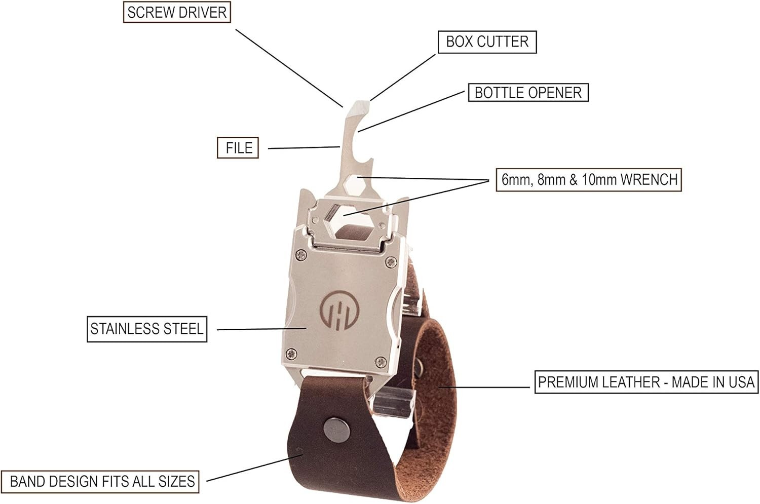 Higher Objects Finn – Multi Stainless Steel Tools Black Leather Bracelet